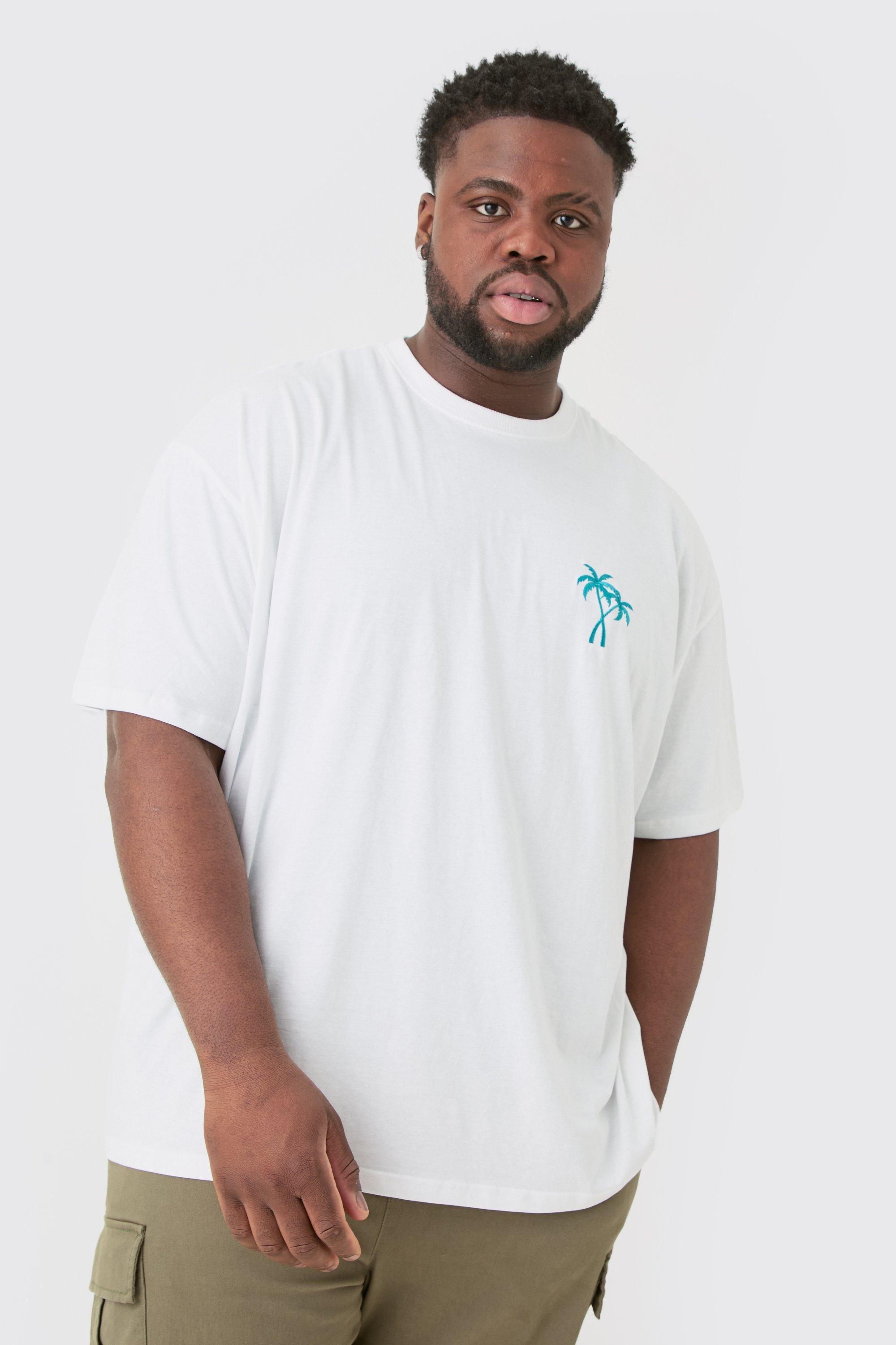 Image of Plus Oversized Palm Tree Embroidered T-shirt In White, Bianco