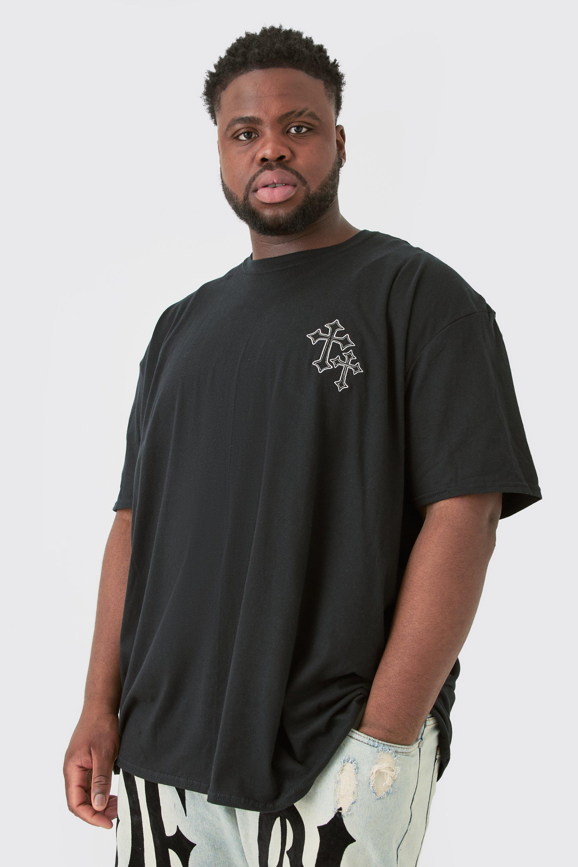 Image of Plus Oversized Cross Embroidered T-shirt In Black, Nero