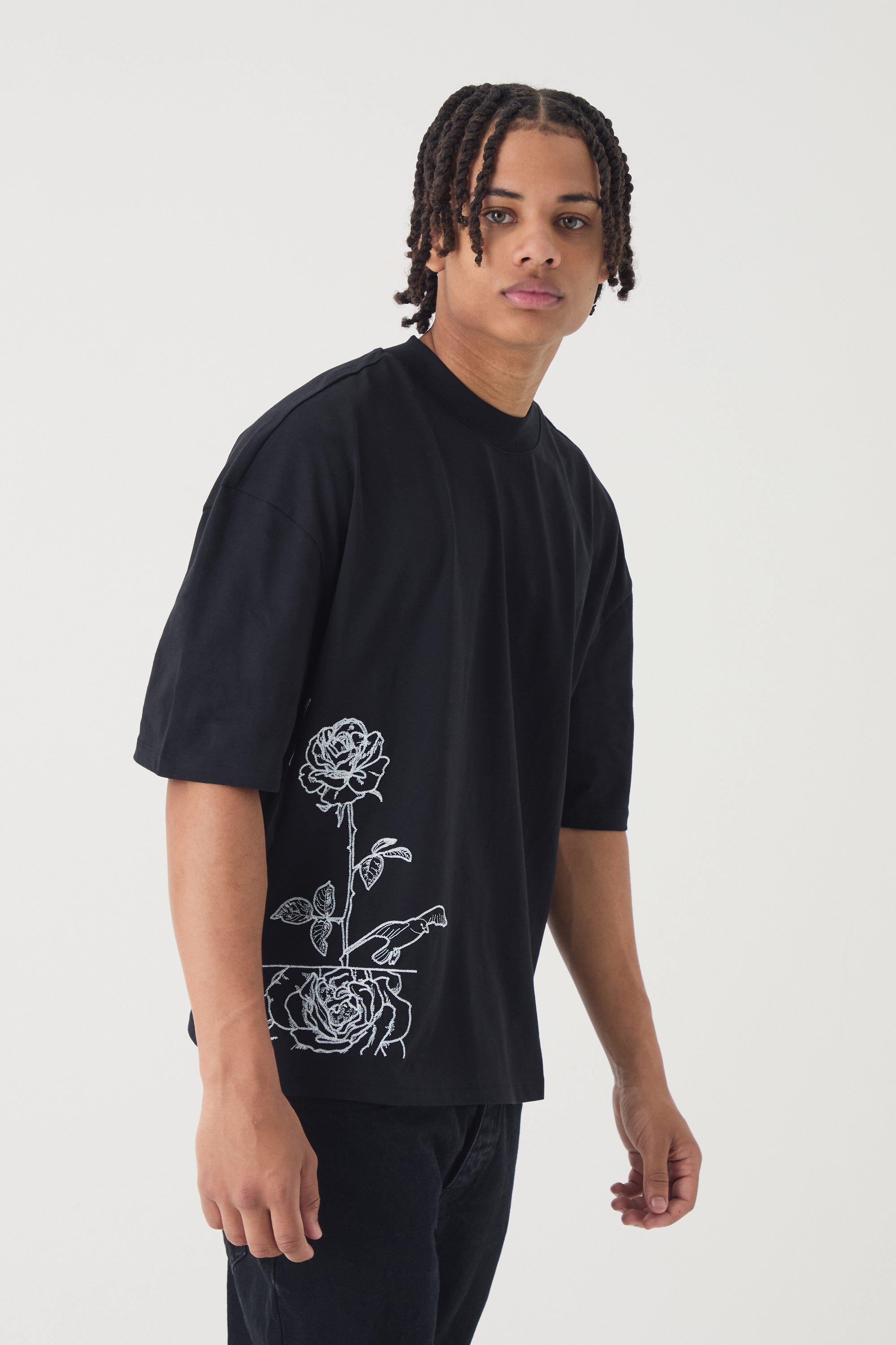 Mens Black Oversized Boxy Extended Neck Line Drawn T-shirt, Black