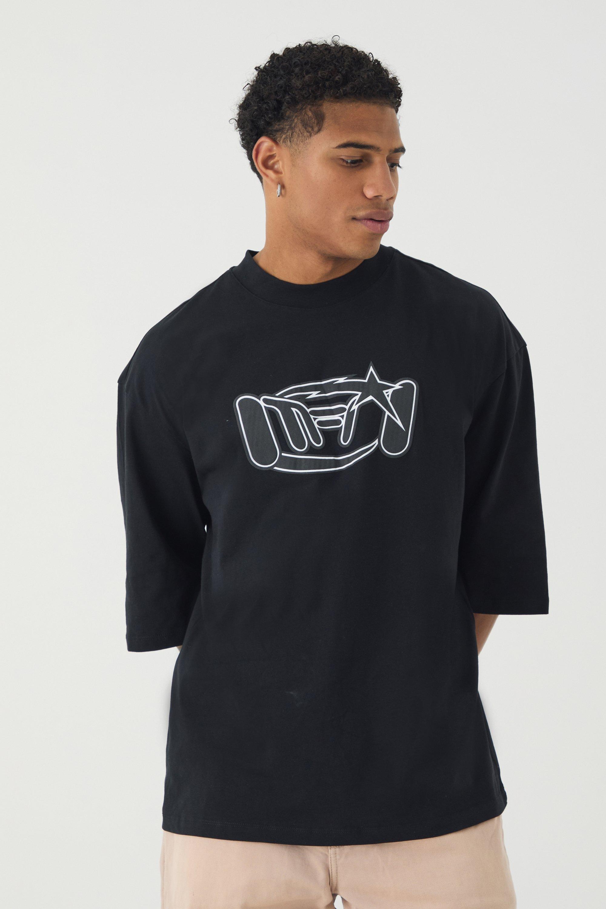 Mens Black Oversized Metallic Distressed Graphic T-shirt, Black