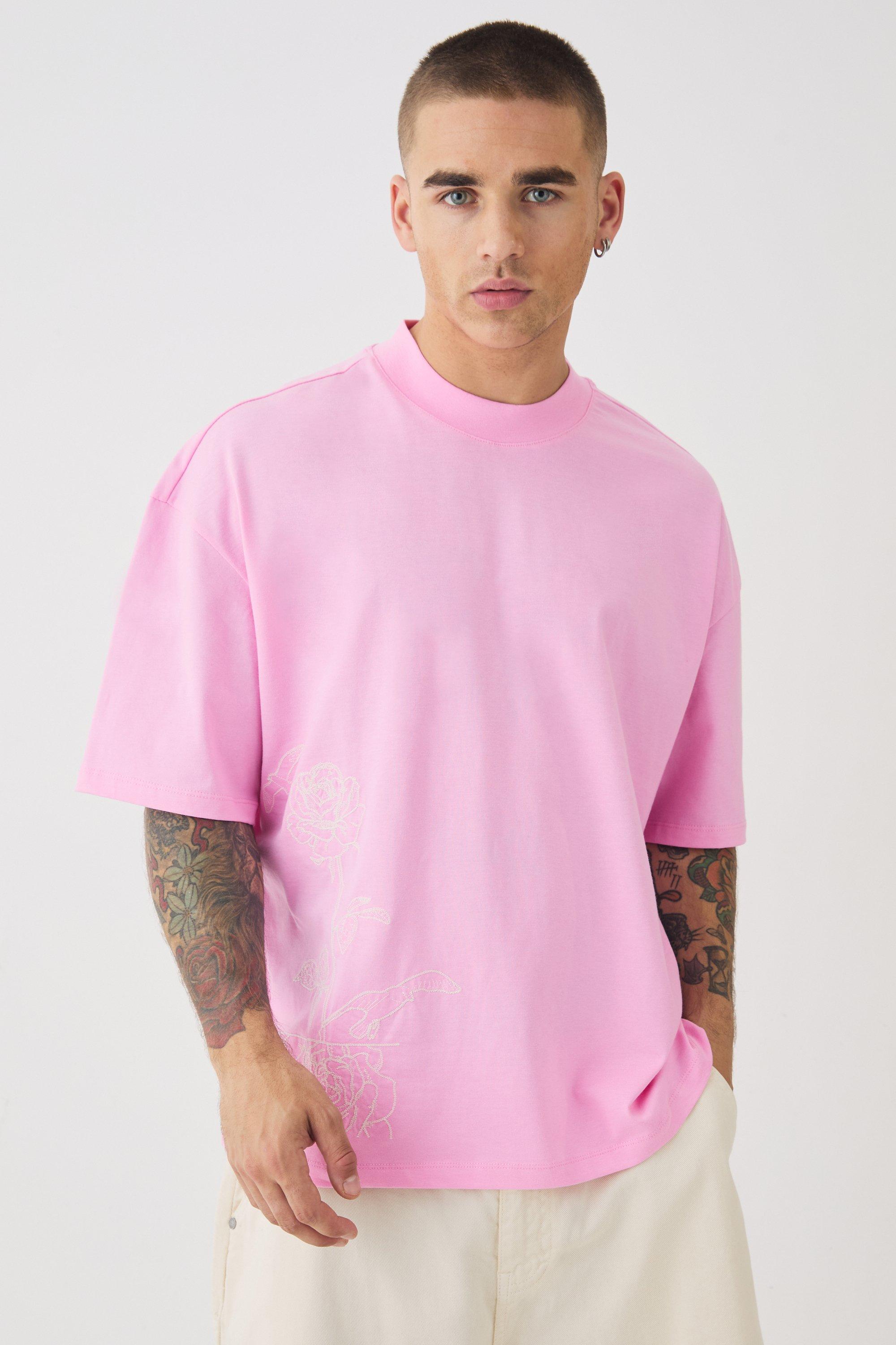 T-shirt squadrata oversize con girocollo esteso e linee tratteggiate, Pink