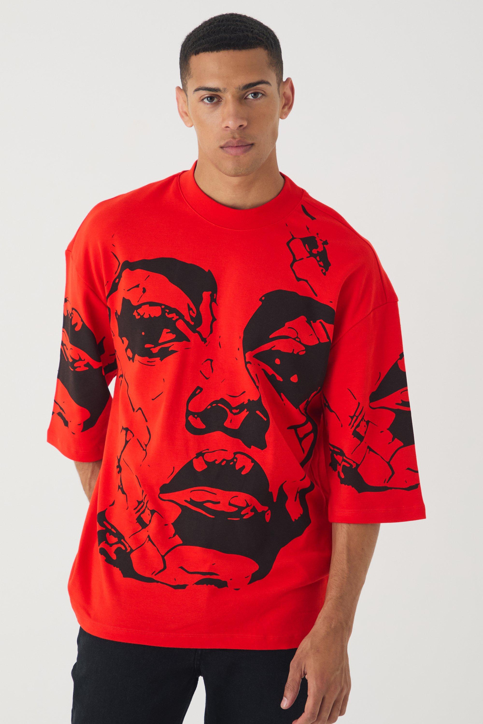 Mens Red Oversized Extended Neck Heavyweight Interlock Face Print T-shirt, Red