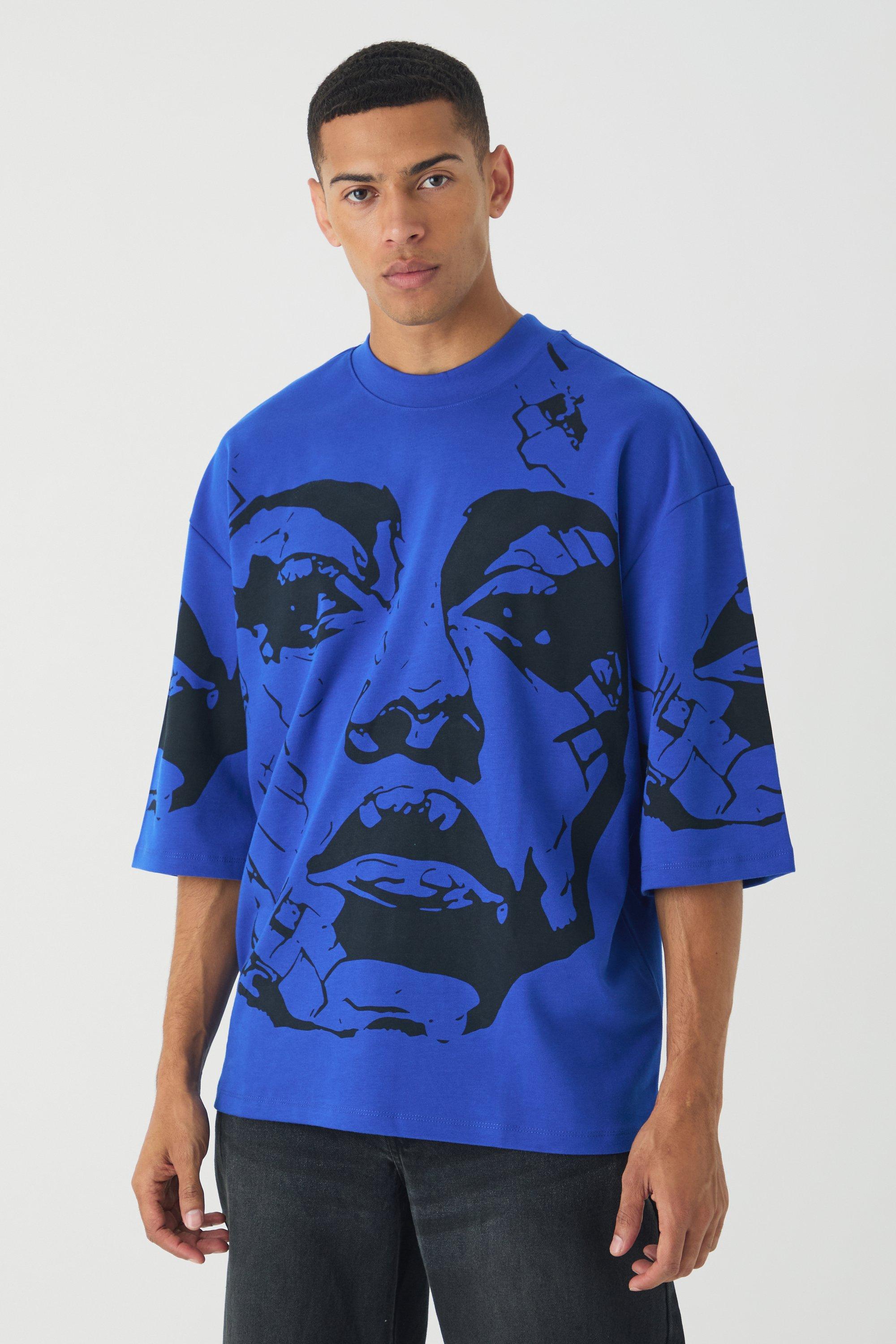 Mens Blue Oversized Extended Neck Heavyweight Interlock Face Print T-shirt, Blue