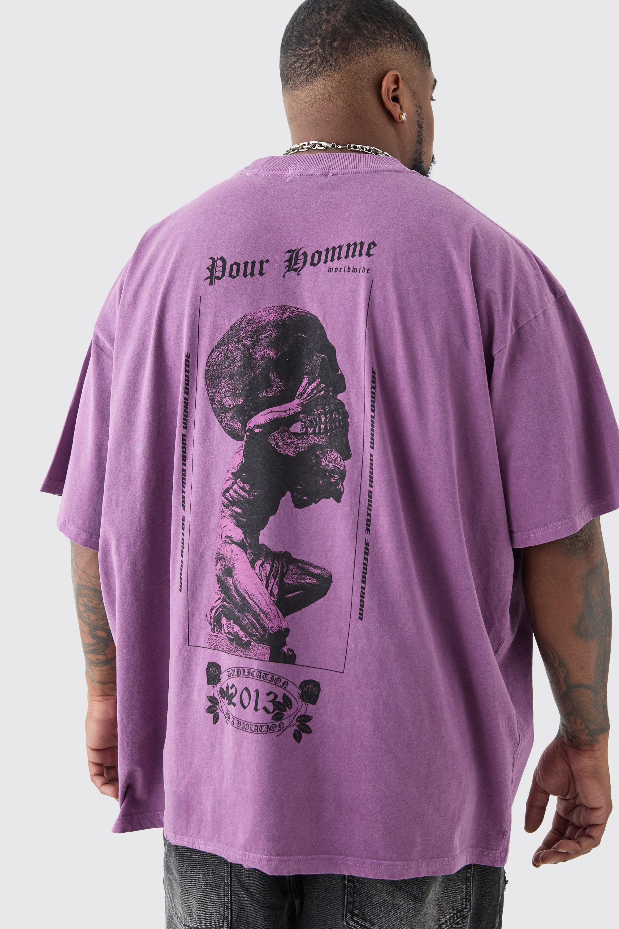 Image of Plus Oversized Extended Neck Skull Overdye Graphic T-shirt, Purple
