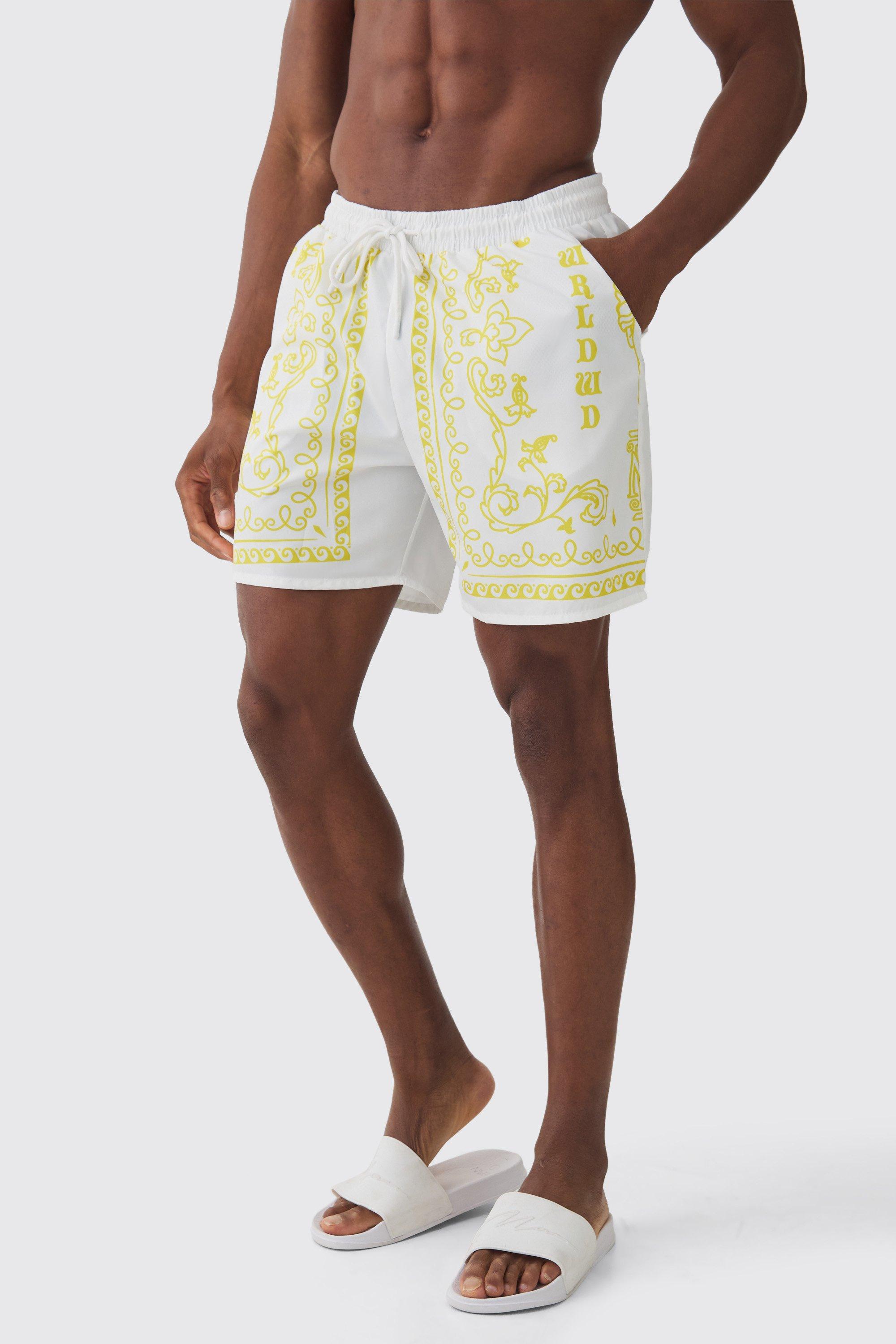 Mens White Mid Length Baroque Swim Short, White