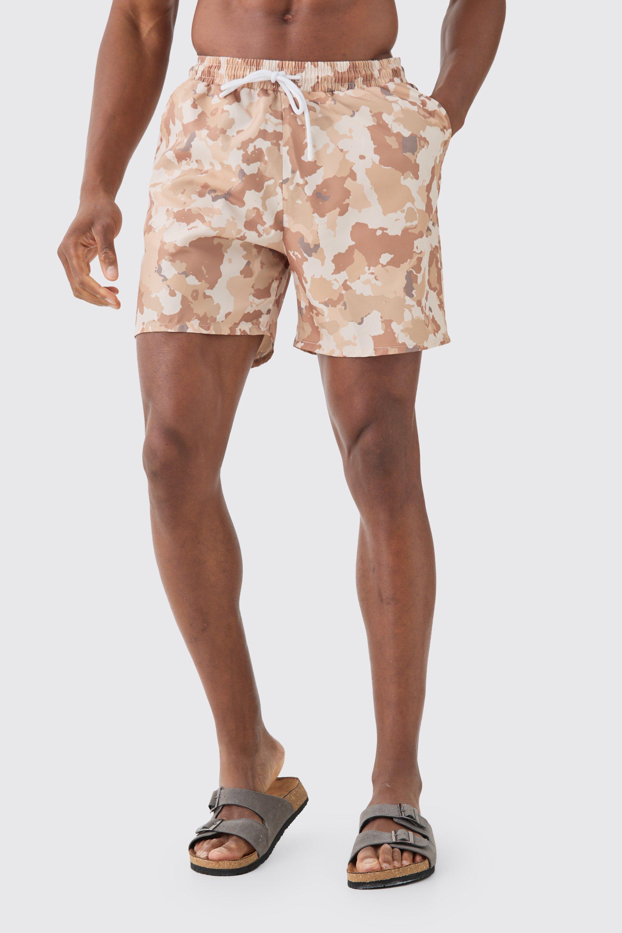 Mens Brown Mid Length Tan Camo Swim Short, Brown