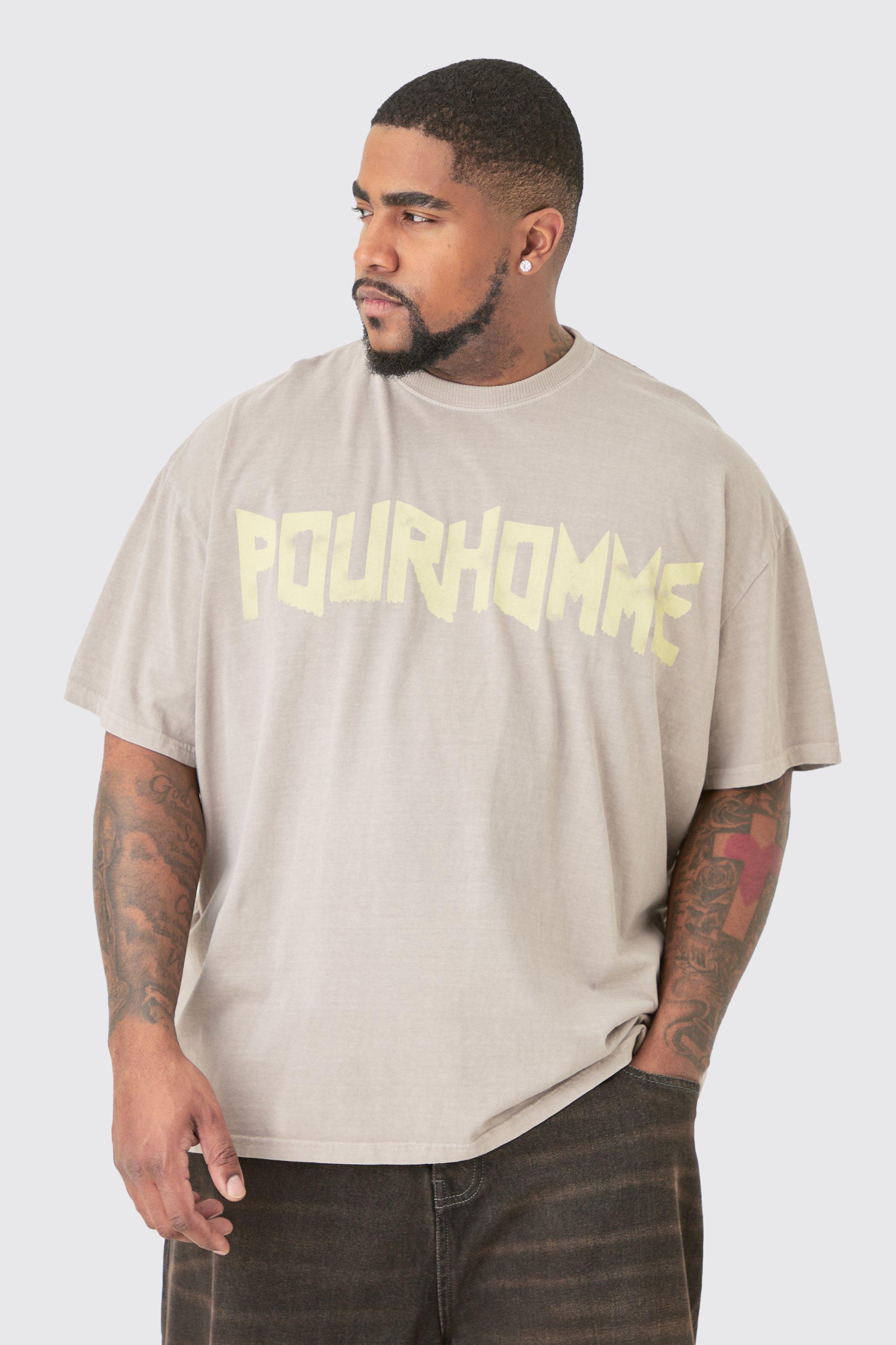 Image of Plus Oversized Washed Pour Homme Print T-shirt, Grigio