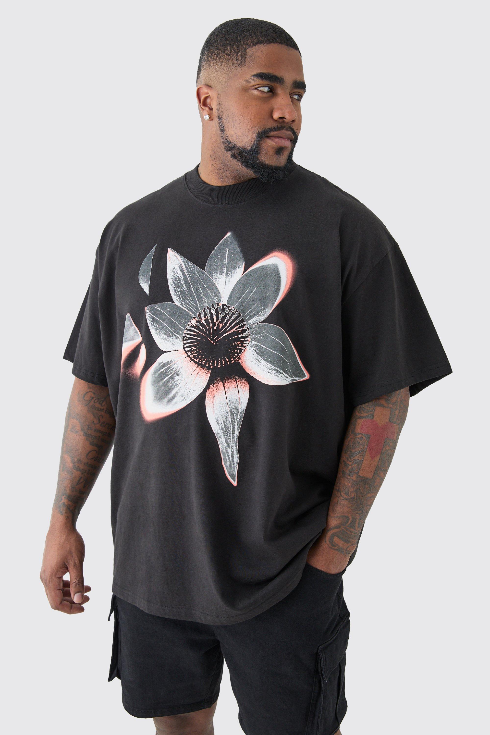 Mens Black Plus Oversized Extended Neck Abstract Floral Print T-shirt, Black