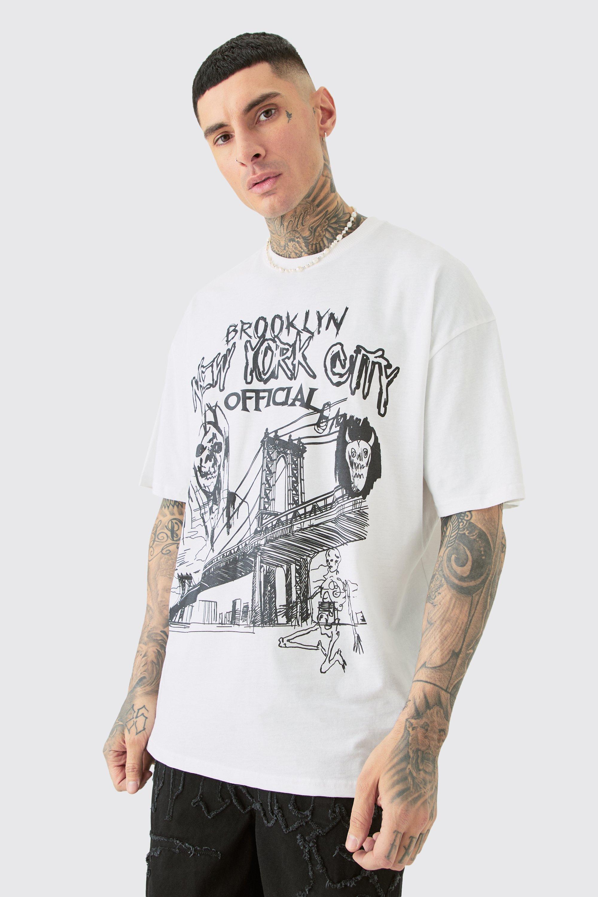 Mens White Tall Oversized Official City Print T-shirt, White