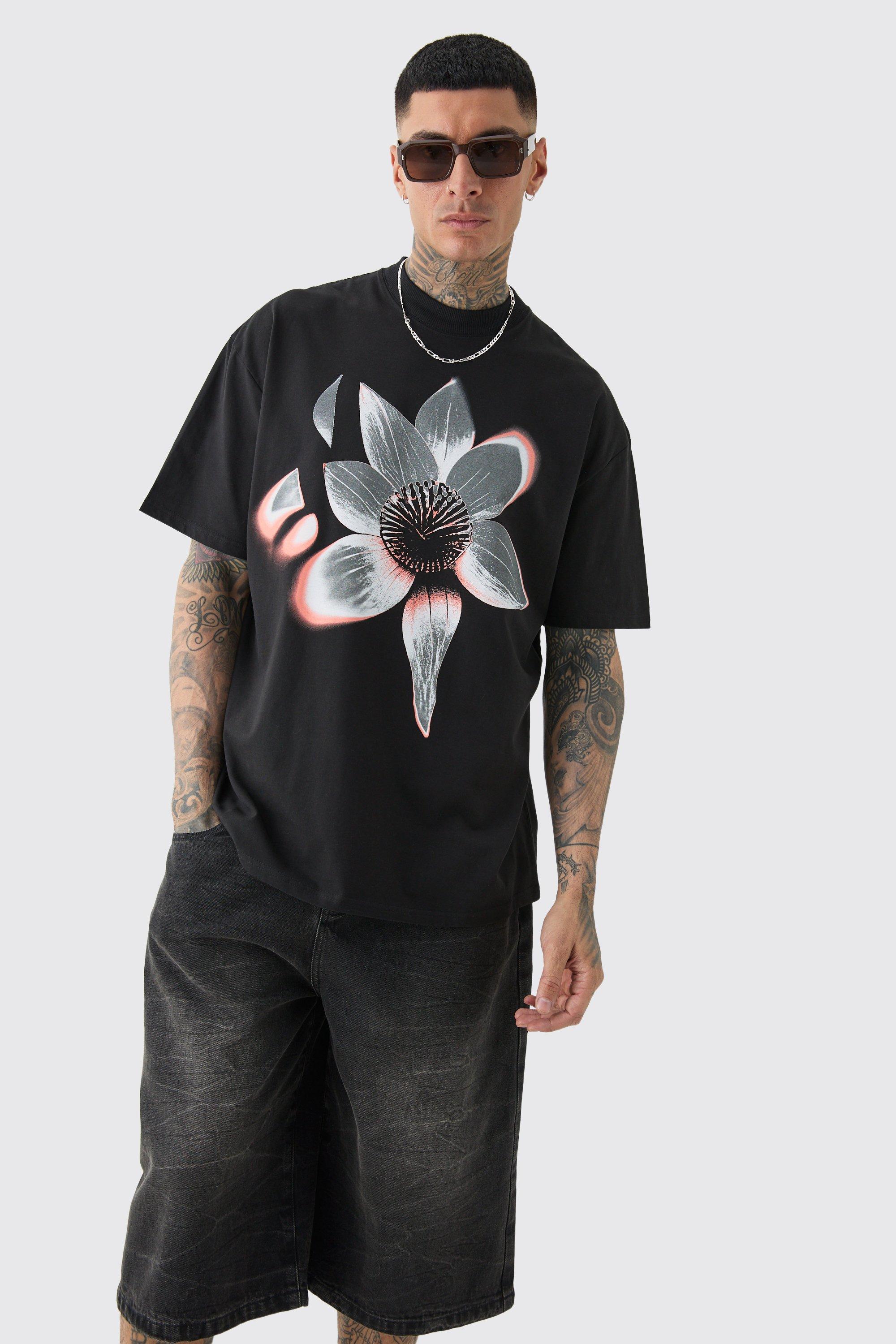 Mens Black Tall Oversized Extended Neck Abstract Floral Print T-shirt, Black