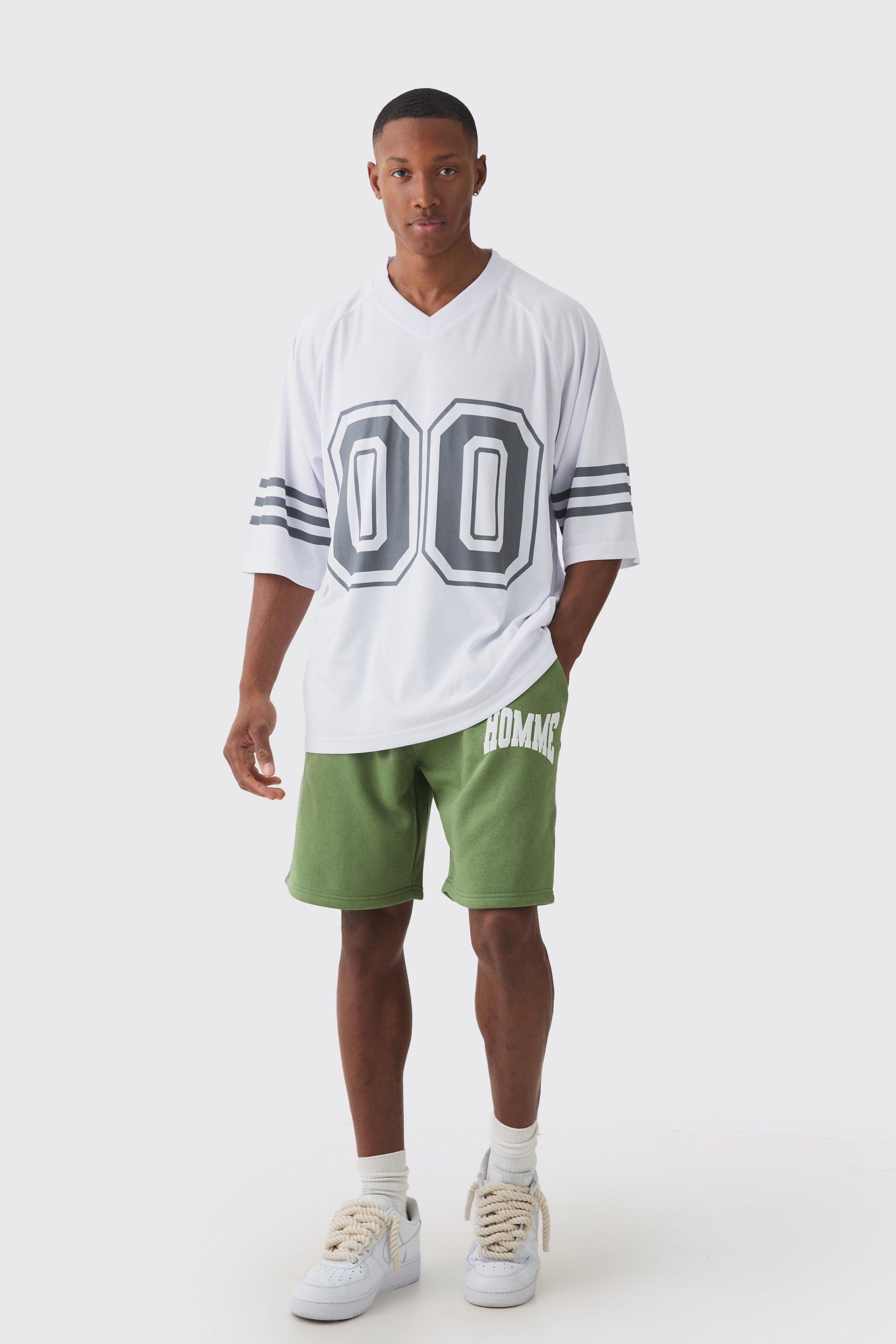 Mens Green Oversized V Neck Official Football T-Shirt & Short Set, Green