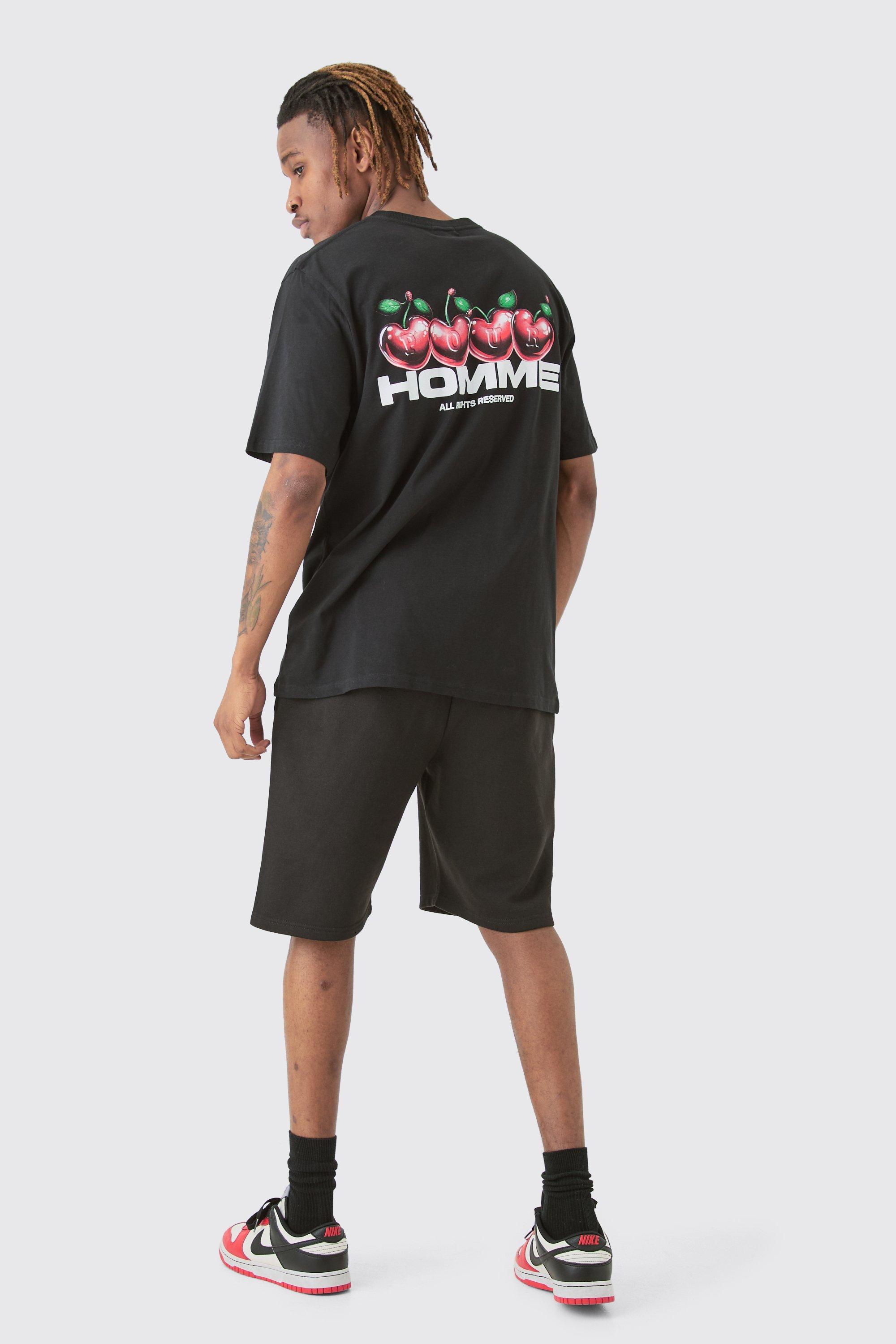 Mens Black Tall Cherry Graphic Homme T-shirt & Short Set, Black