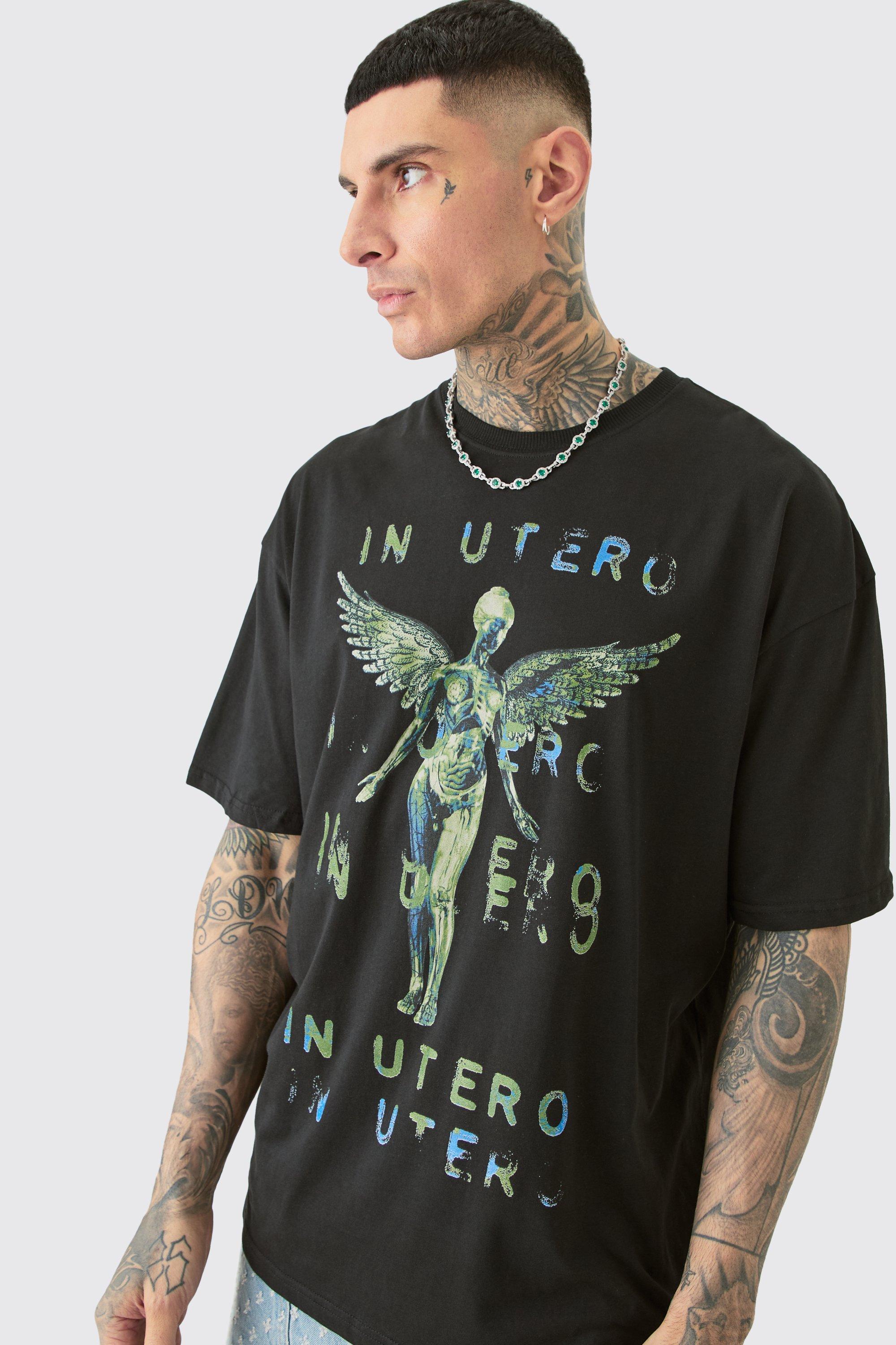 Mens Tall Oversized Nirvana Licence Utero T-shirt In Black, Black