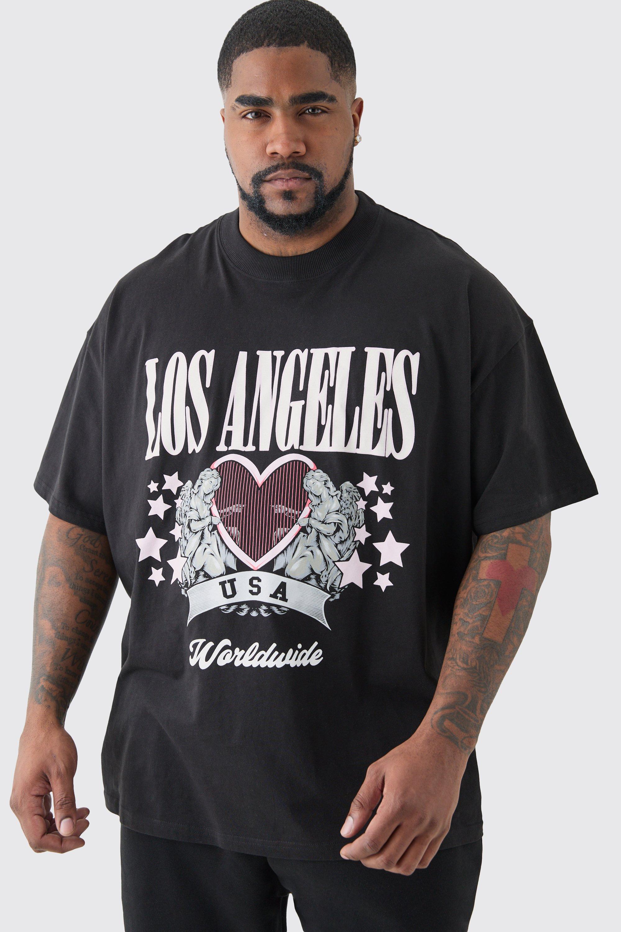 Mens Plus Oversized Los Angeles T-shirt In Black, Black