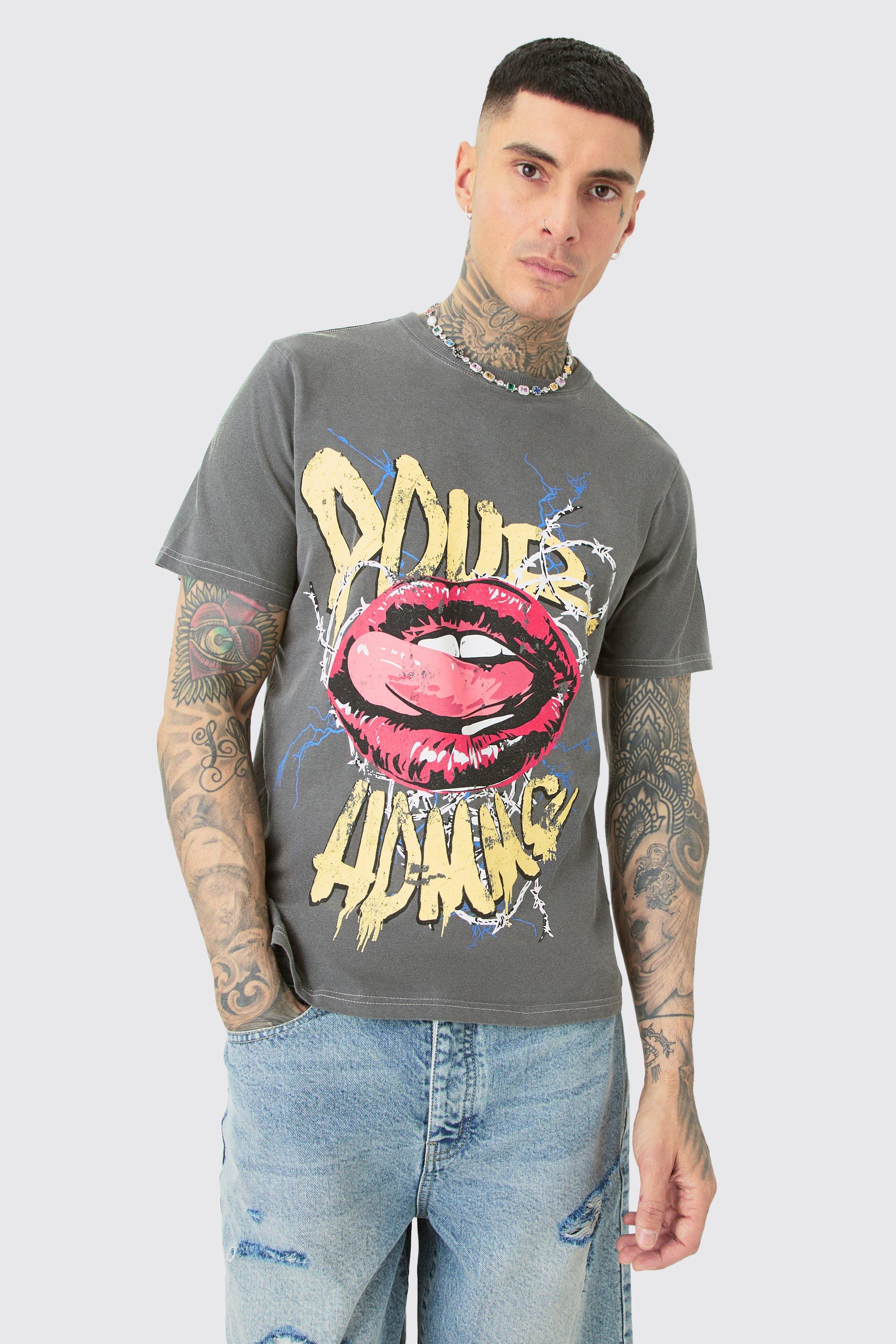 Mens Grey Tall Pour Homme Lips T-shirt In Acid Wash, Grey