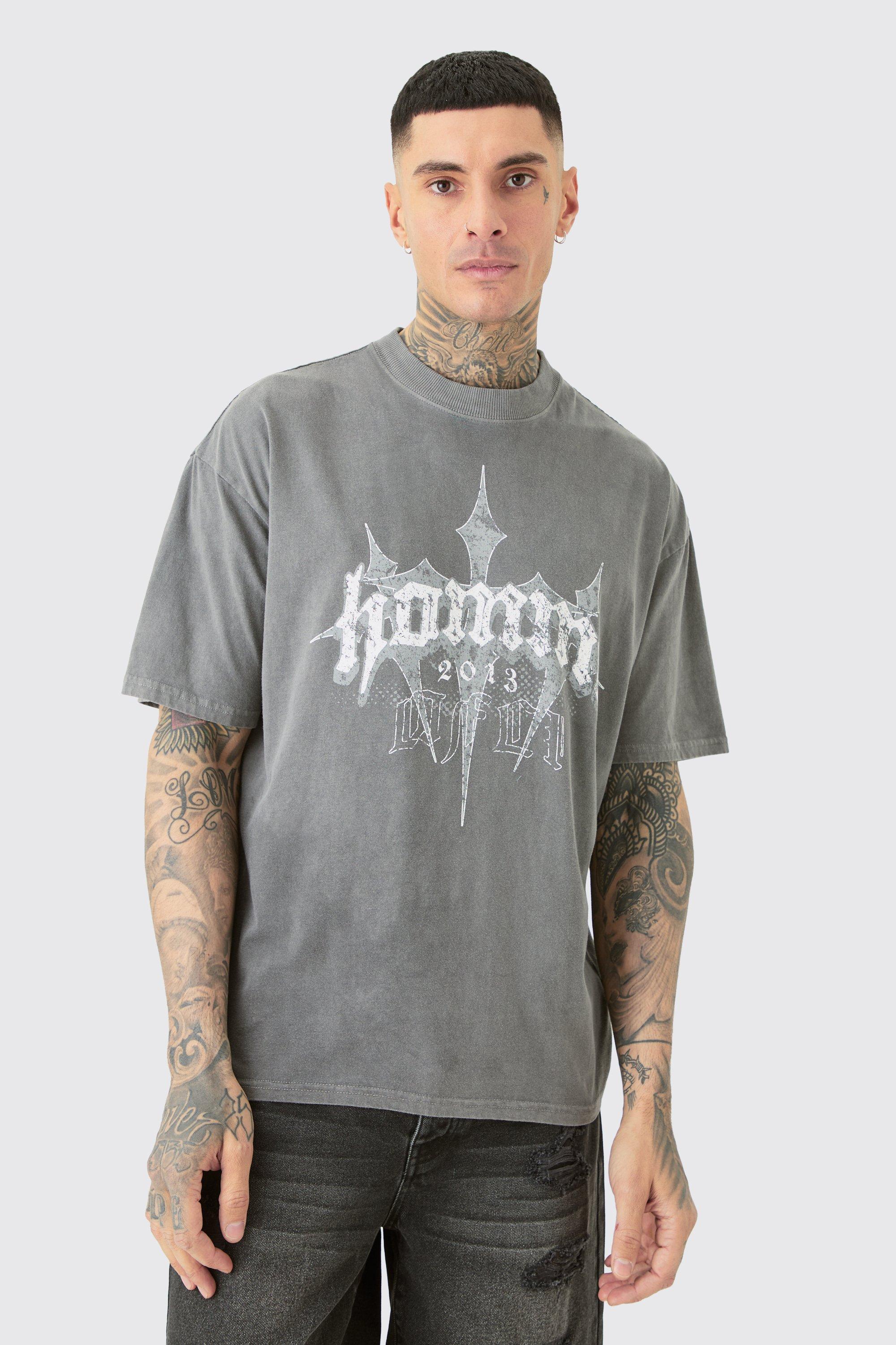 Mens Tall Oversized Homme Cross Puff Print T-shirt In Grey, Grey