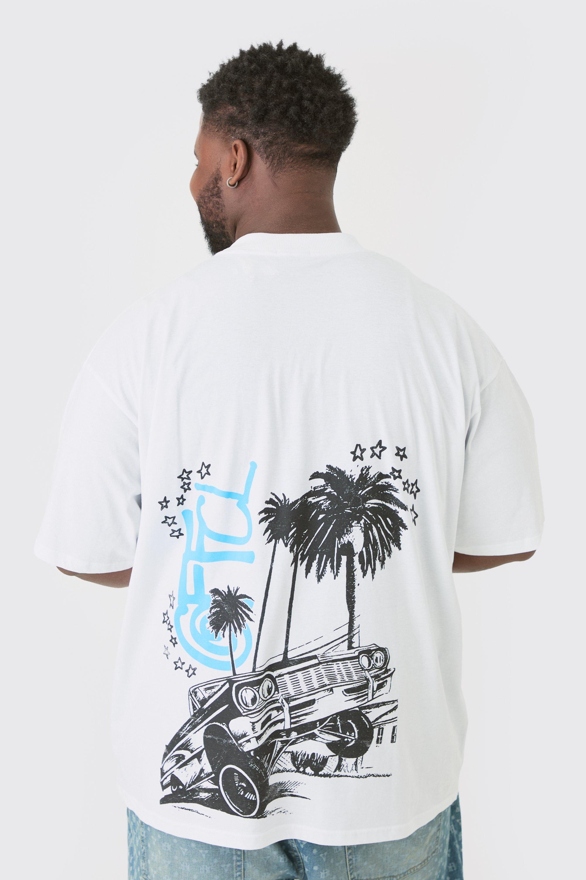 Mens Plus Oversized OFCL Back Print Car T-shirt In White, White