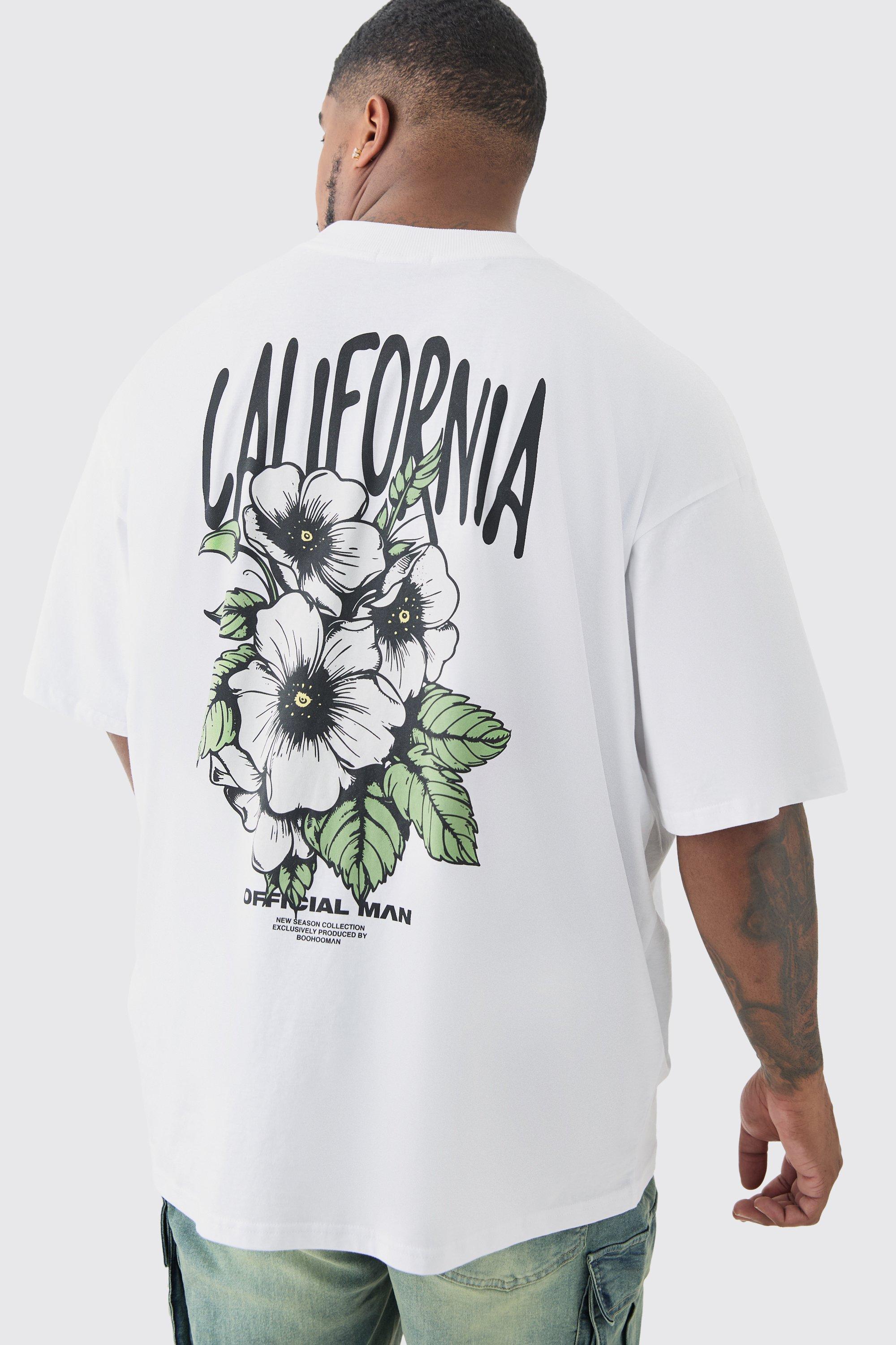 Mens Plus Oversized California Back Print Floral T-shirt In White, White