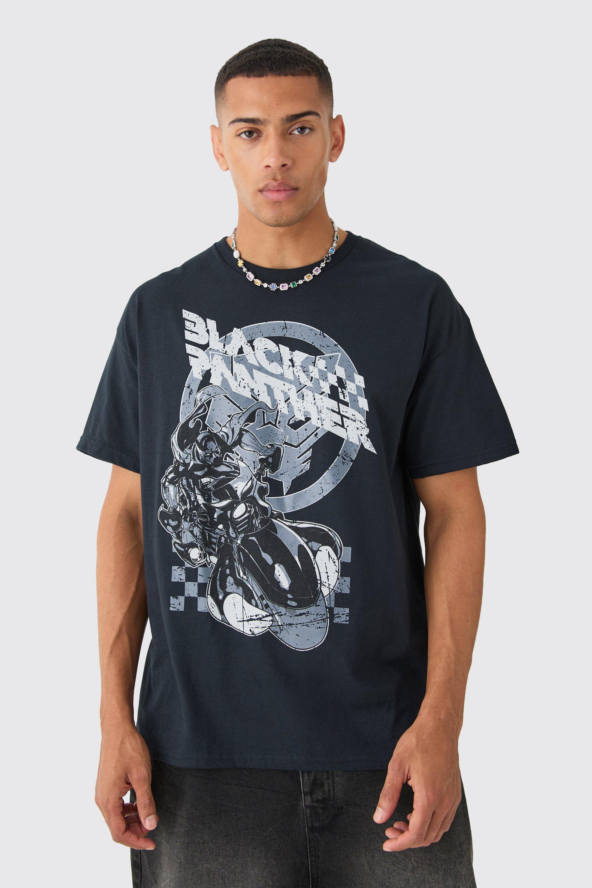 Mens Oversized Black Panther Biker License T-shirt, Black