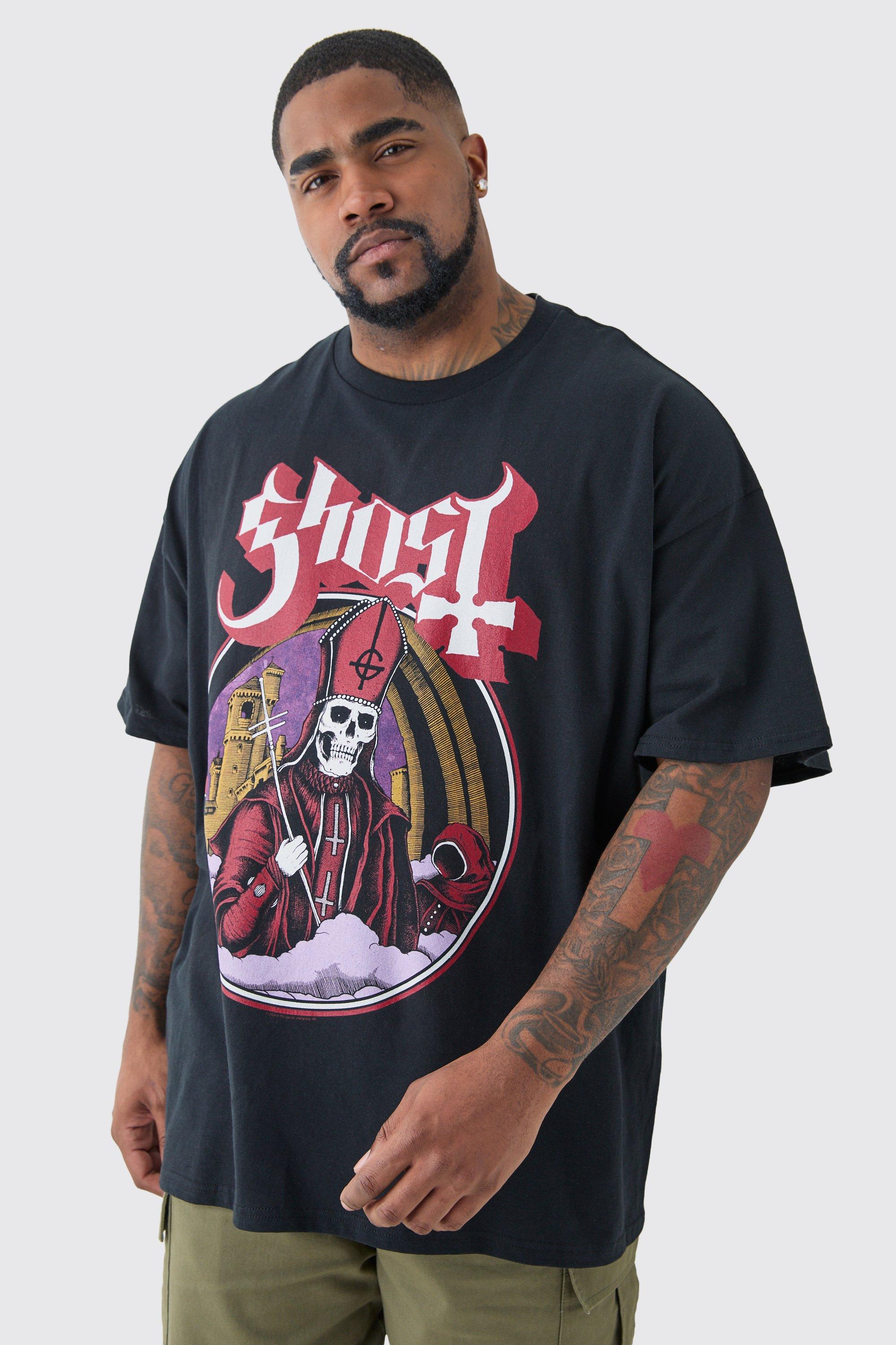 Mens Plus Oversized Ghost Print T-shirt In Black, Black