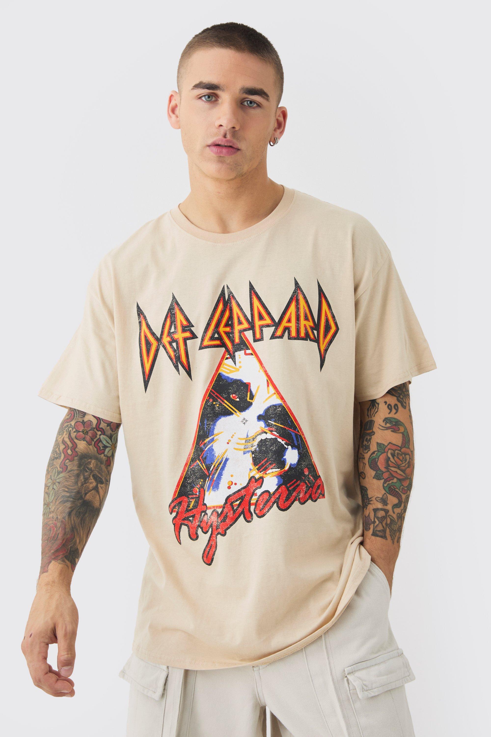 Mens Beige Oversized Def Leppard Tour Wash License T-shirt, Beige