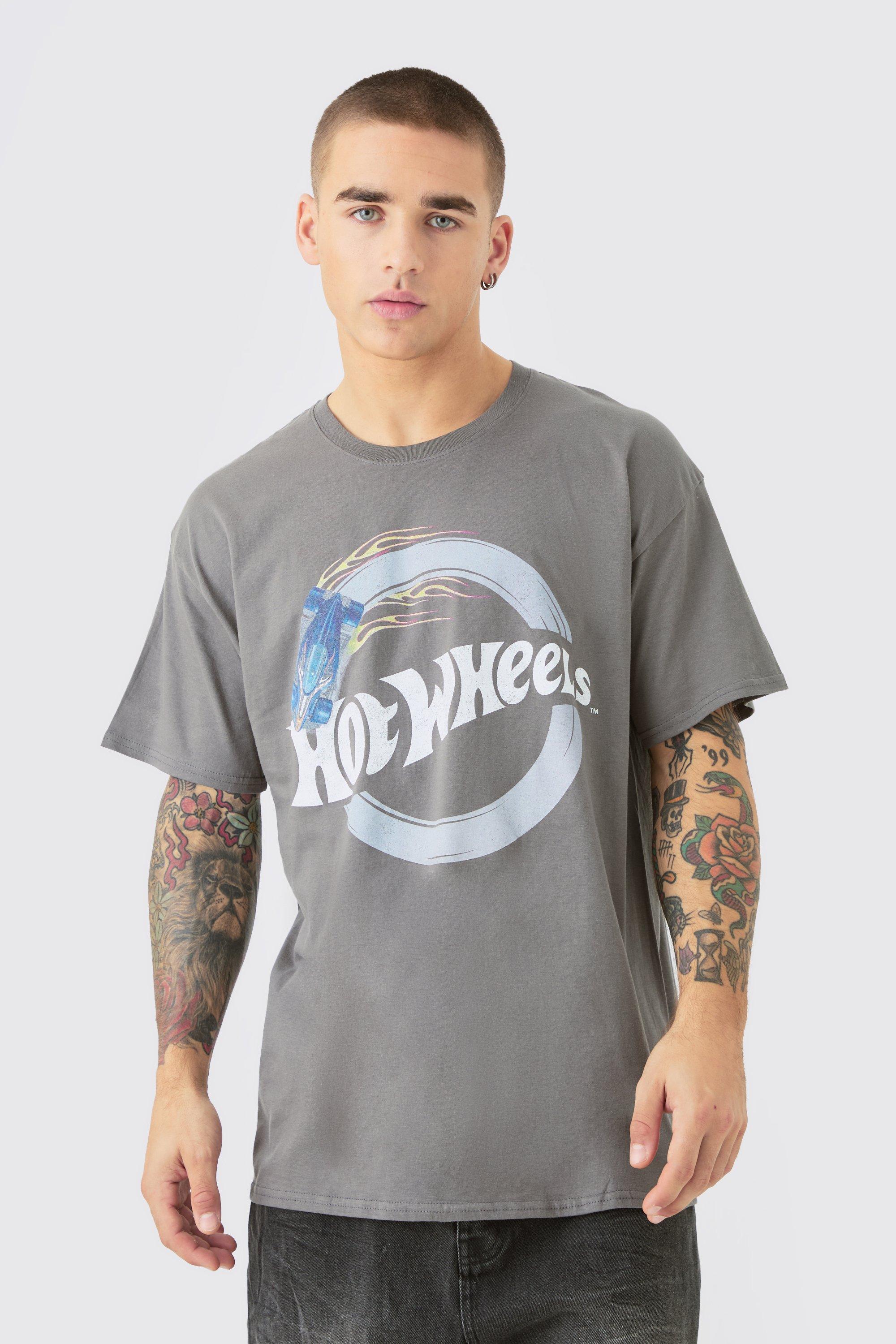 Mens Grey Loose Wash Hot Wheels License Wash T-shirt, Grey