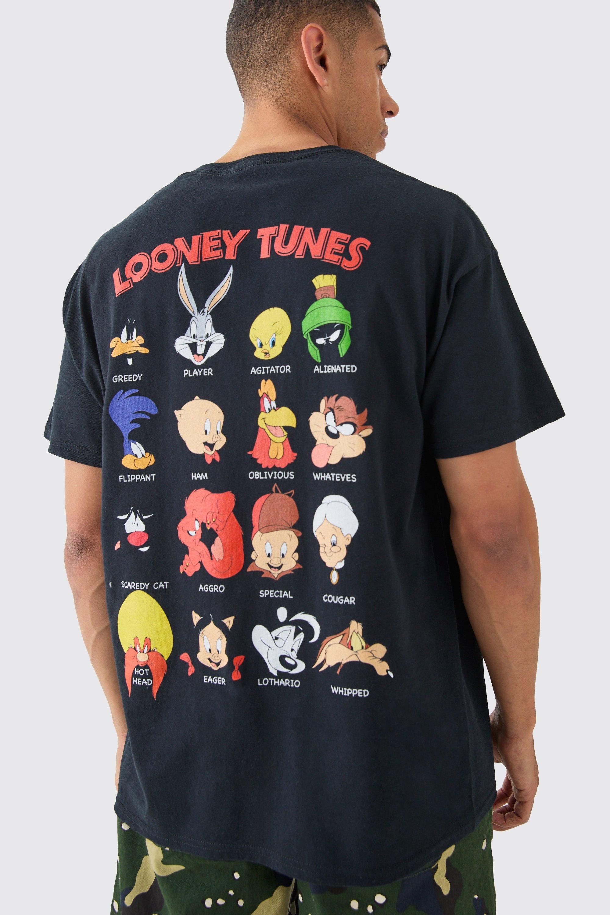 Mens Black Oversized Looney Tunes Character License Back Print T-shirt, Black