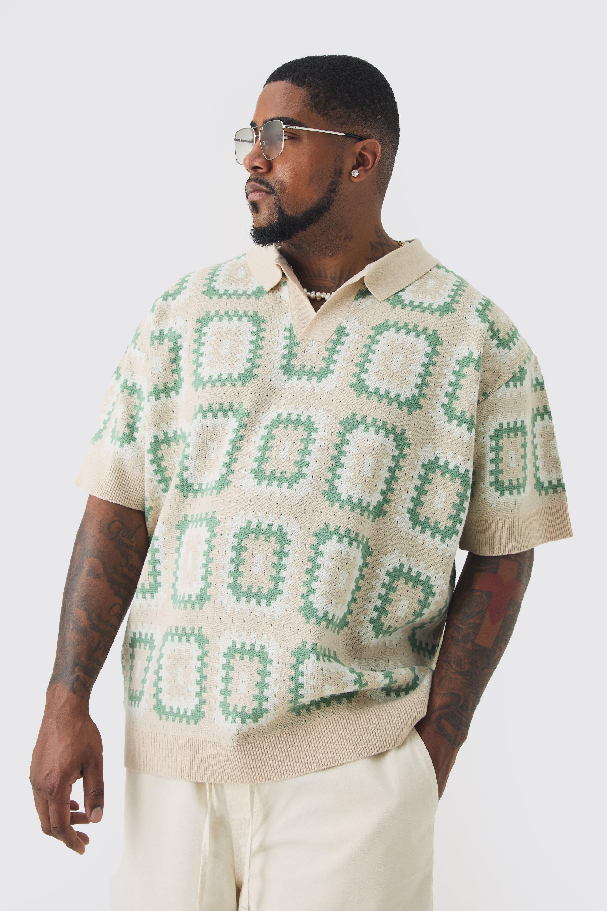 Polo Plus Size oversize all'uncinetto con rever, Verde