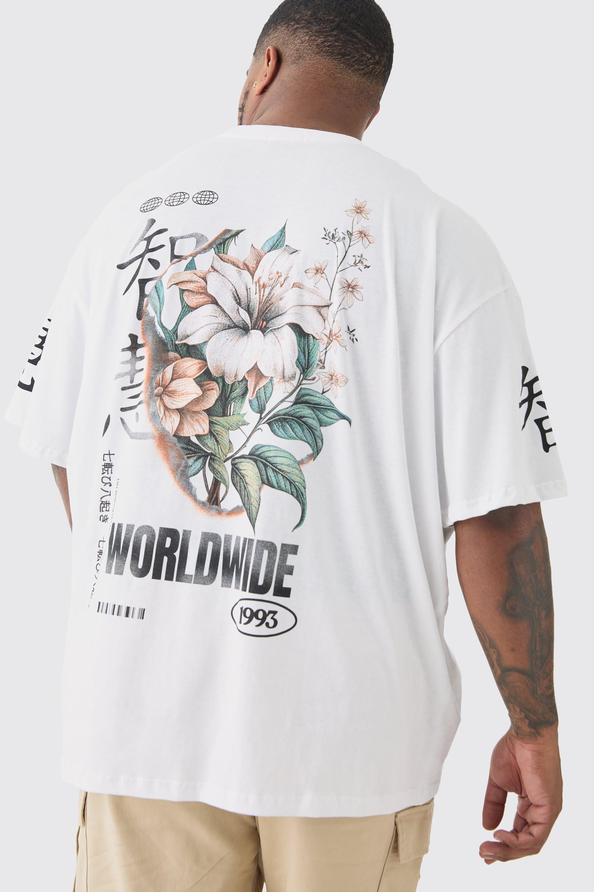 Image of Plus Floral Sleeve Print T-shirt In White, Bianco
