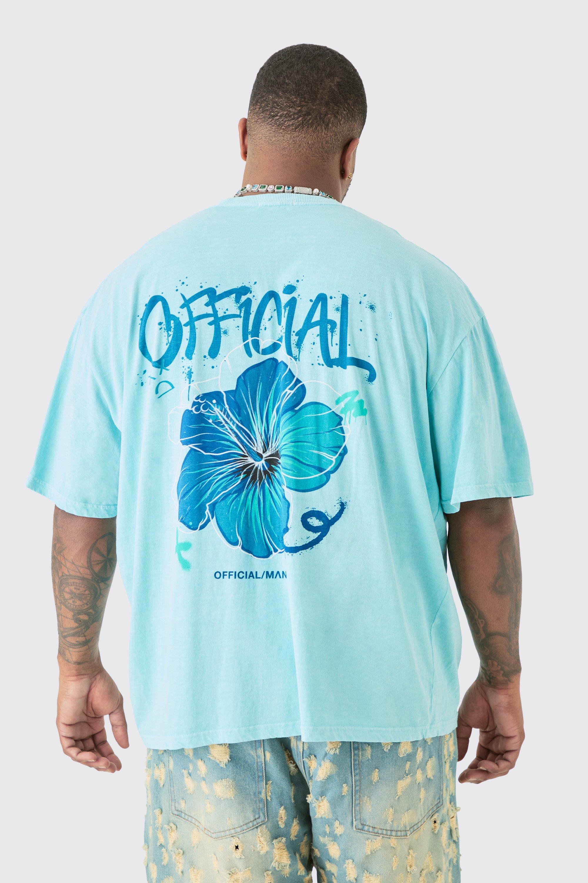 Mens Plus Official Floral Back Print T-shirt In Blue, Blue