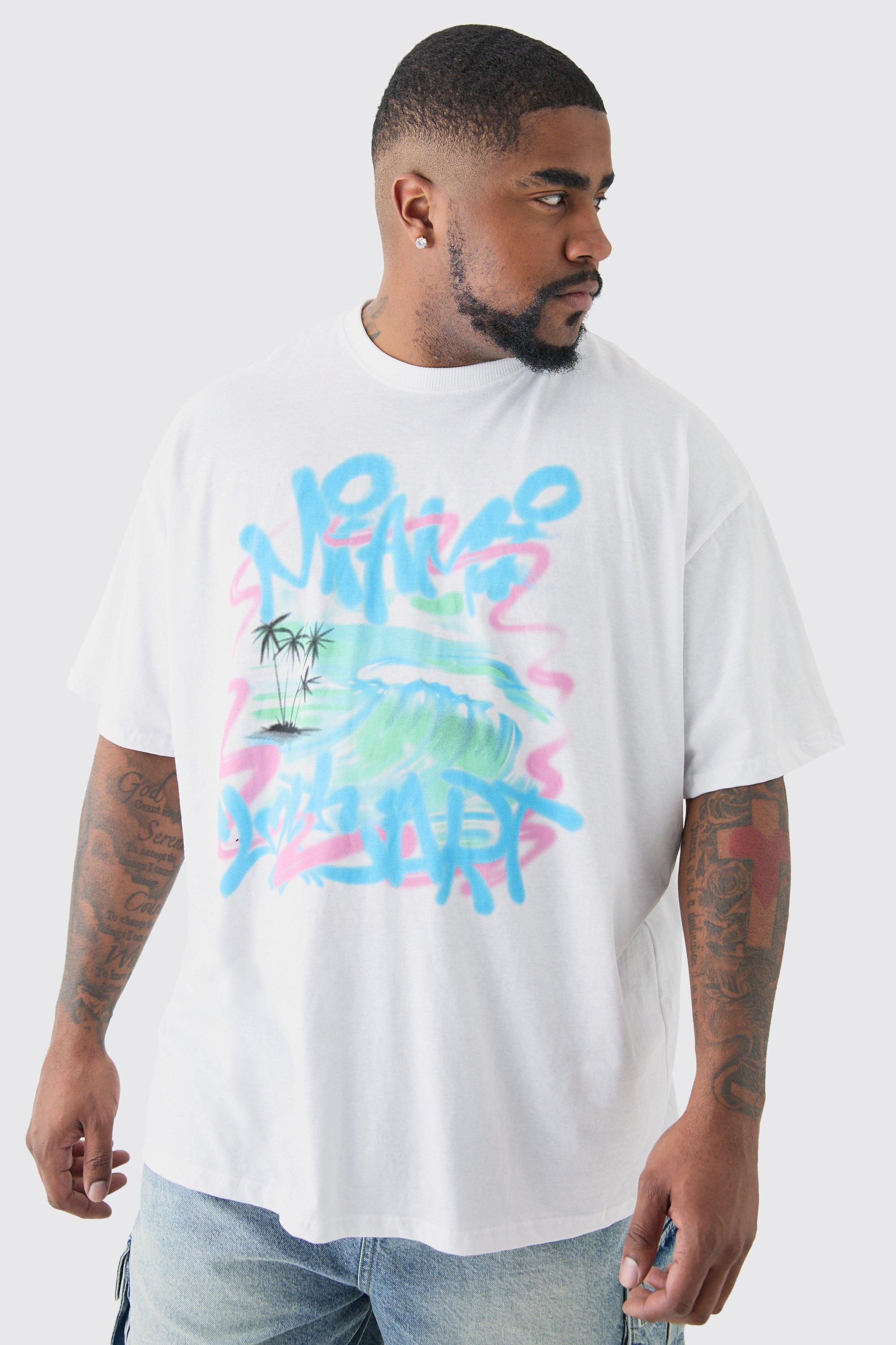 Mens Plus Miami Doodle Print T-shirt In White, White