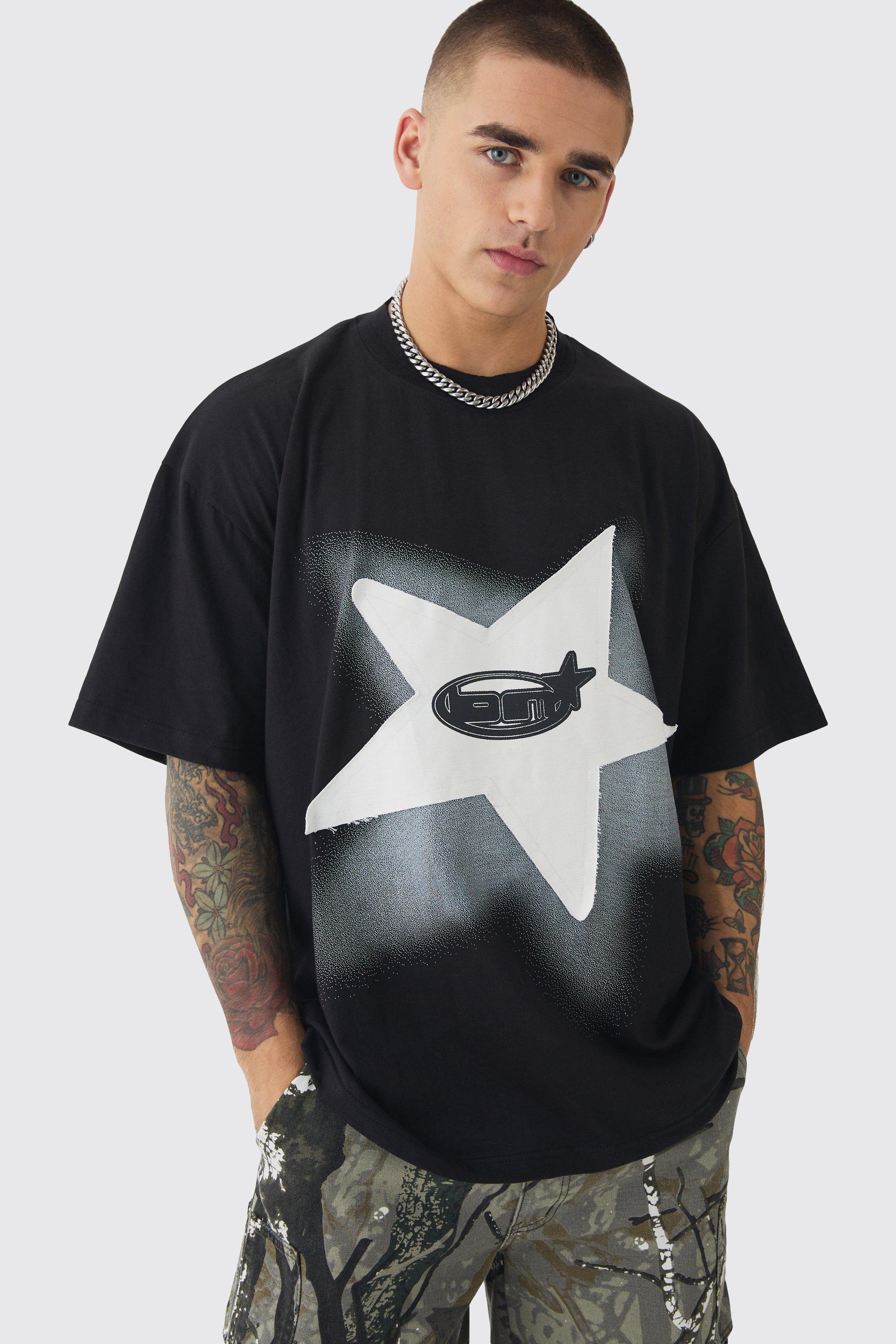 Mens Black Oversized Extended Neck Star Applique Graphic T-shirt, Black