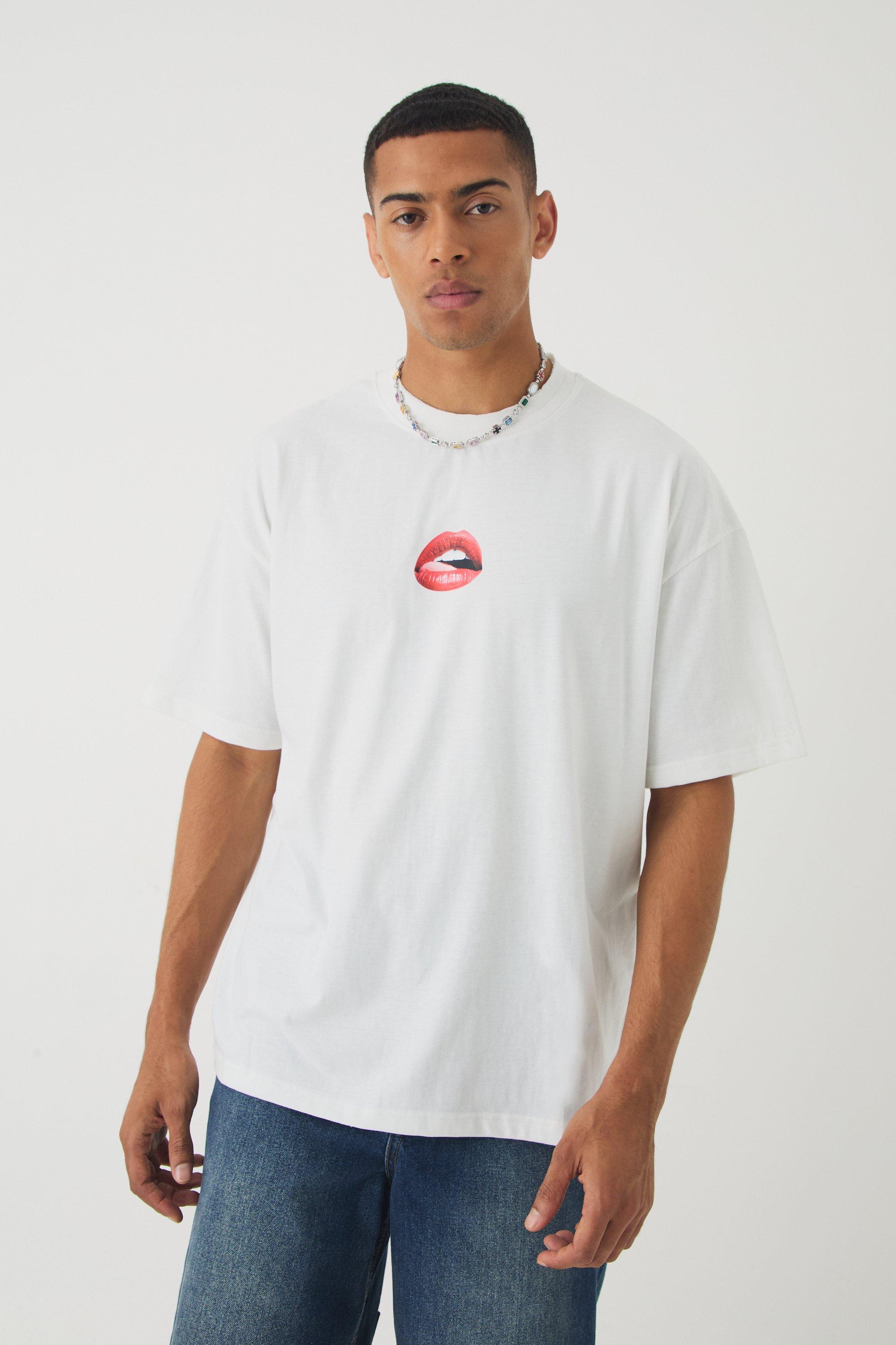 Mens White Oversized Peached Heavyweight Lips Graphic Distressed T-shirt, White