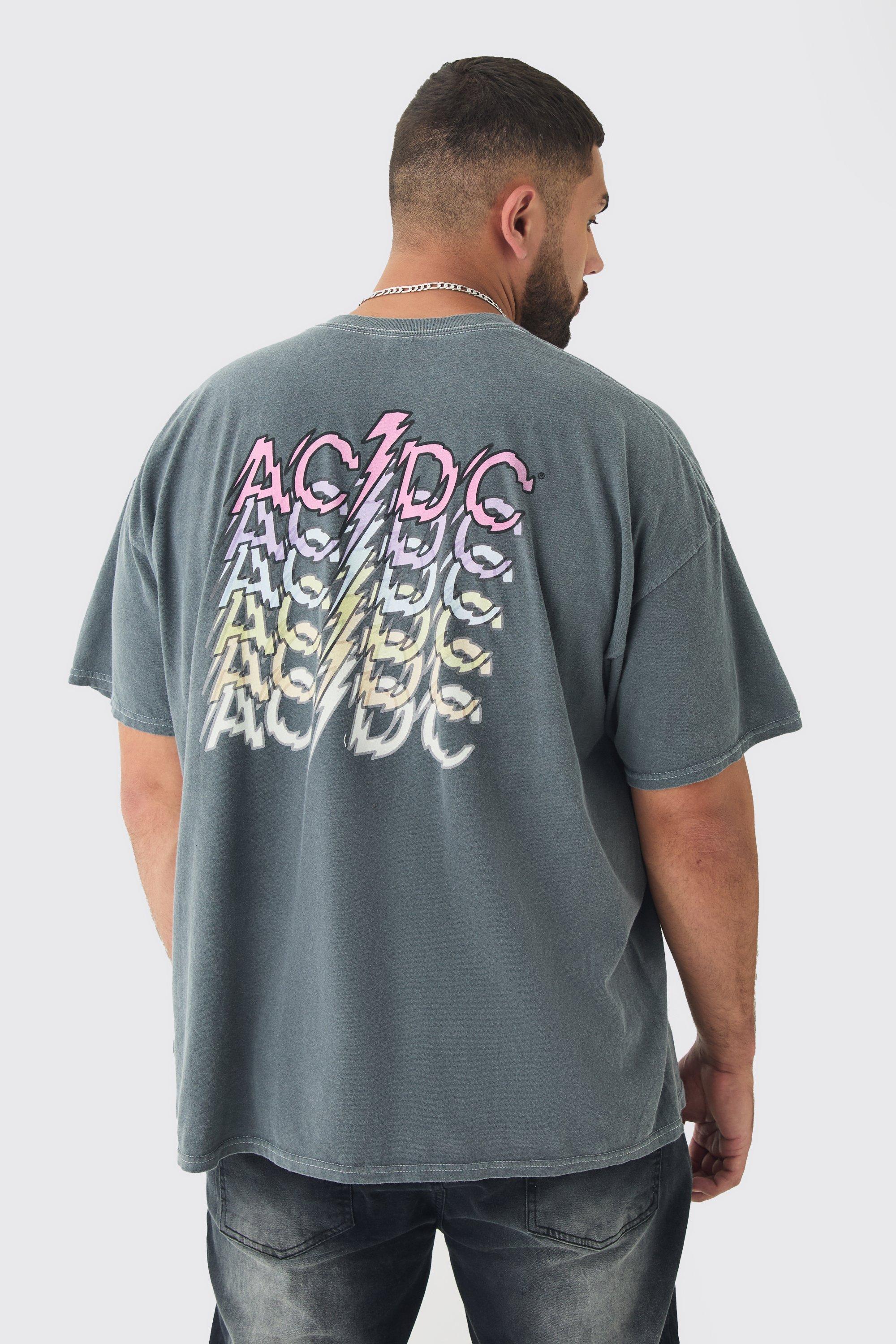 Mens Grey Plus ACDC License Overdye Back Print T-shirt, Grey