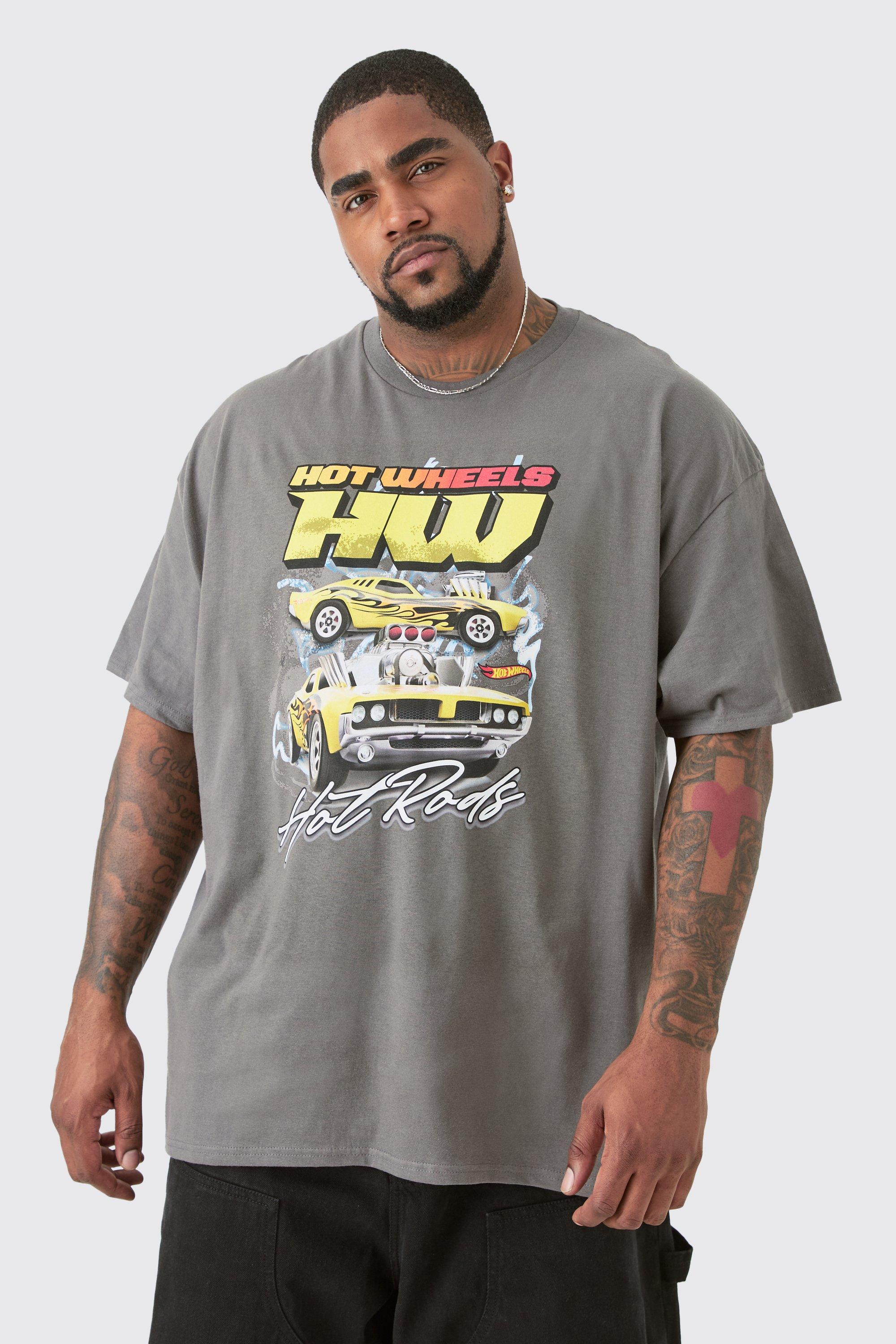 Mens Grey Plus Hot Wheels License Print T-shirt, Grey