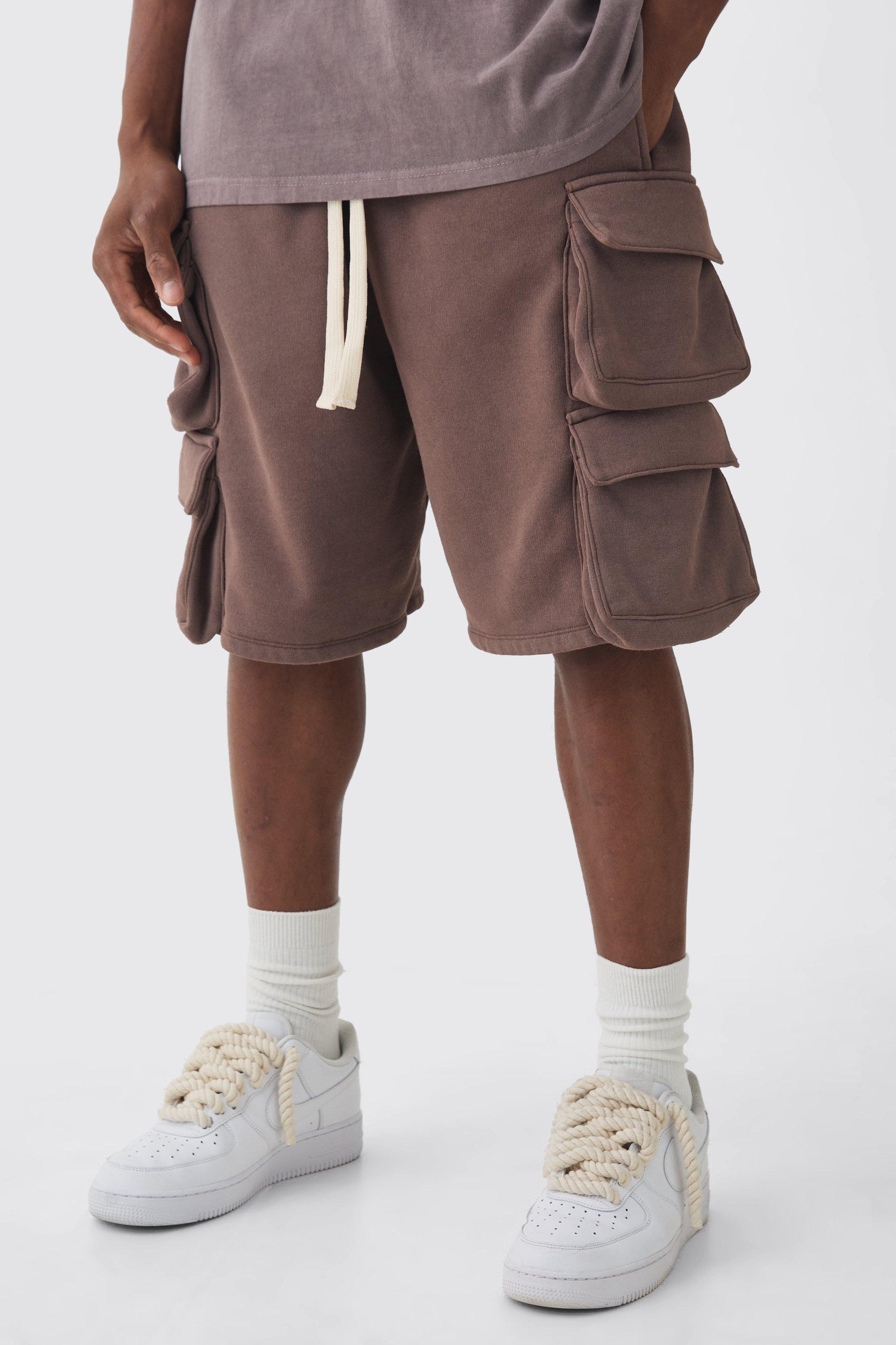 Mens Brown Relaxed Double Cargo Pocket Long Length Washed Shorts, Brown