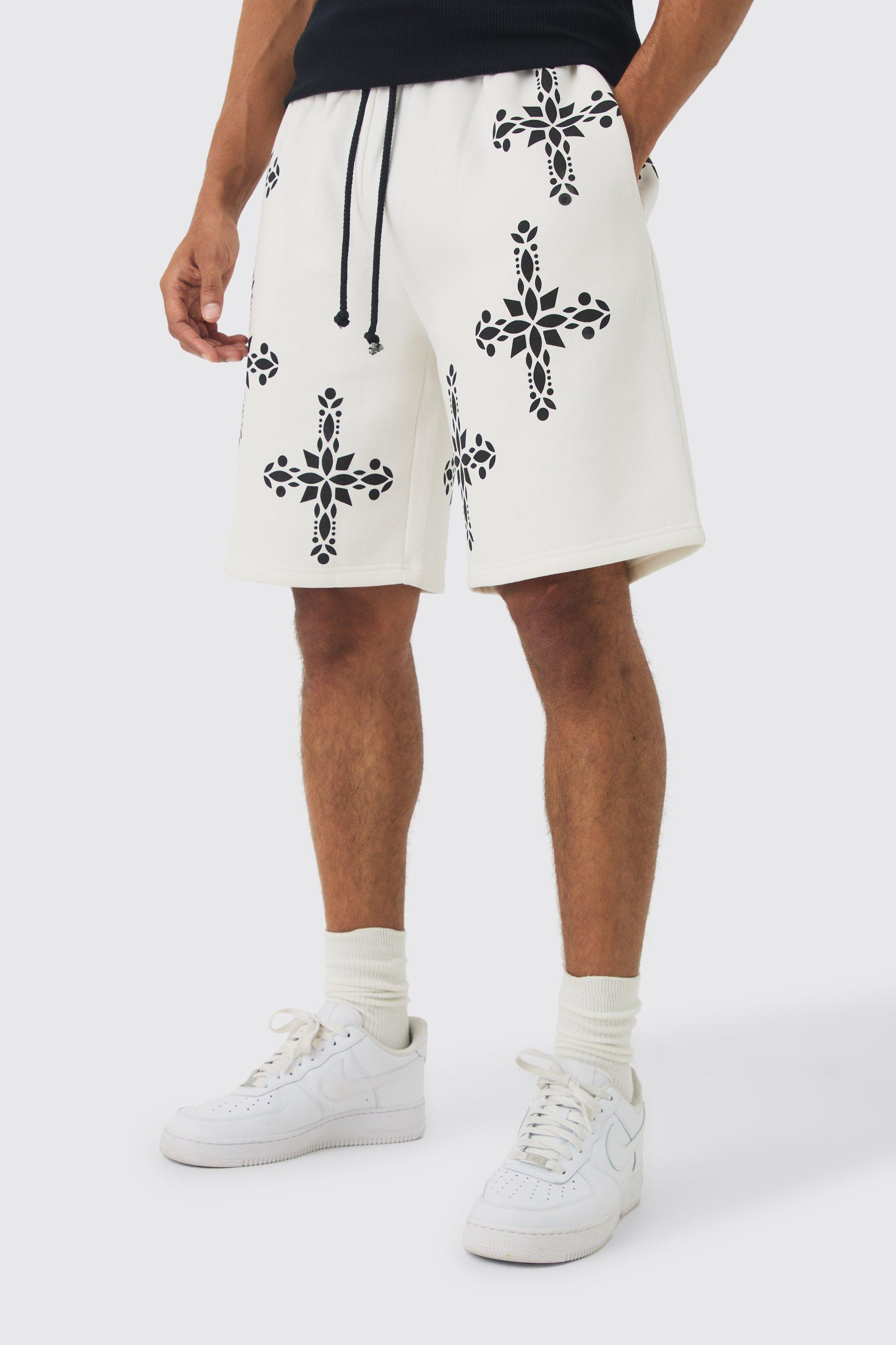 Mens Cream Oversized Mid Length Cross Print Shorts, Cream