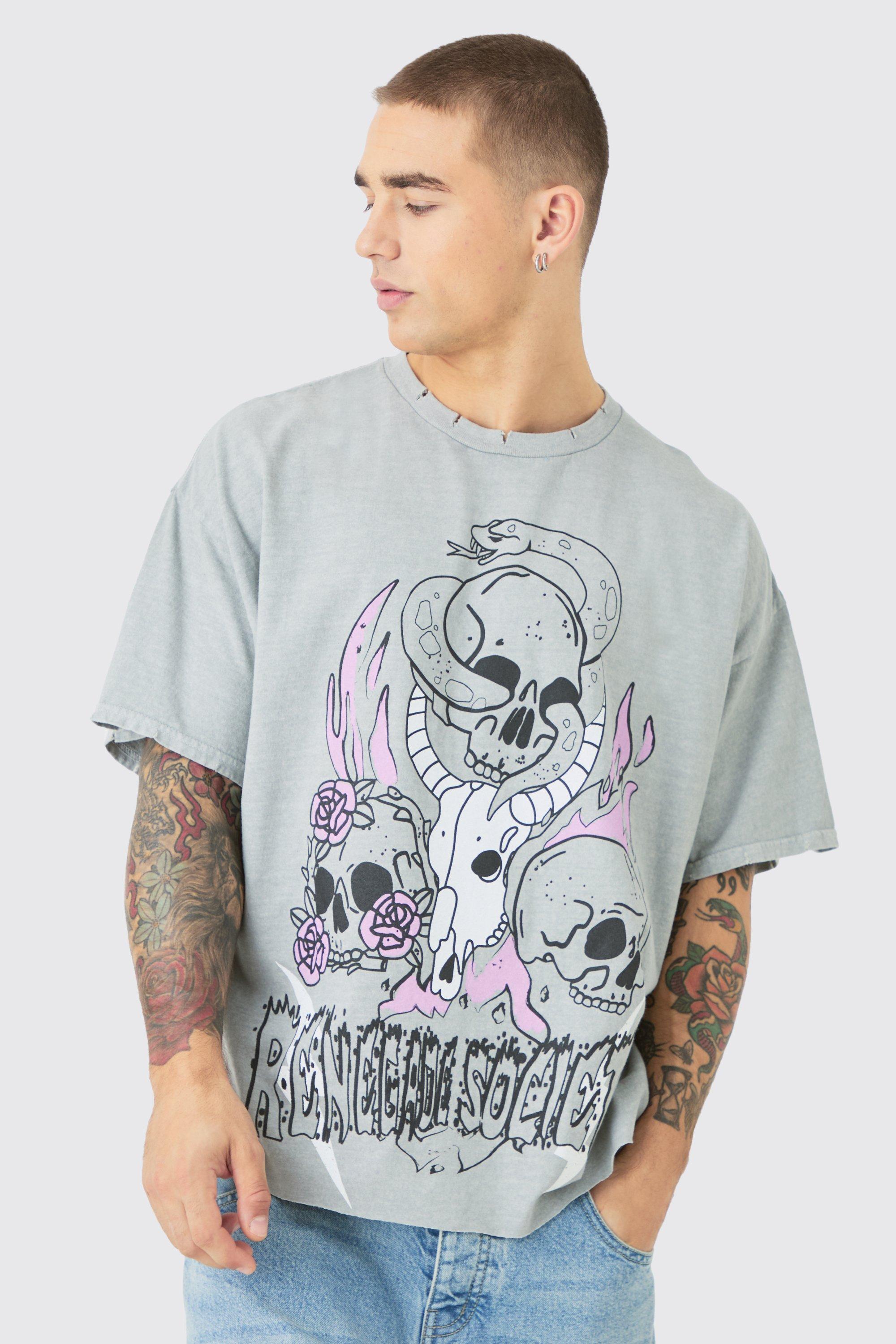 Image of Oversized Skull Wash Graphic T-shirt, Grigio