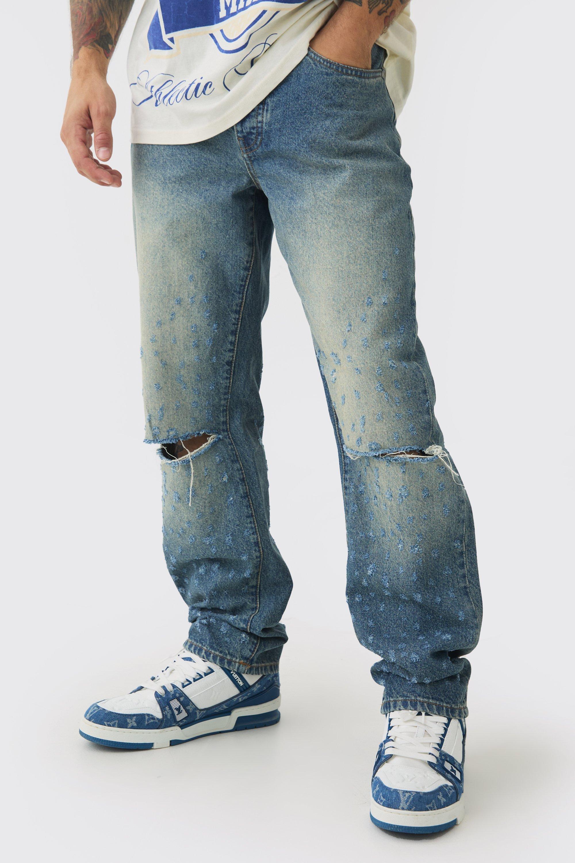 Jeans rilassati in denim rigido effetto smagliato con spacco sul ginocchio, Azzurro