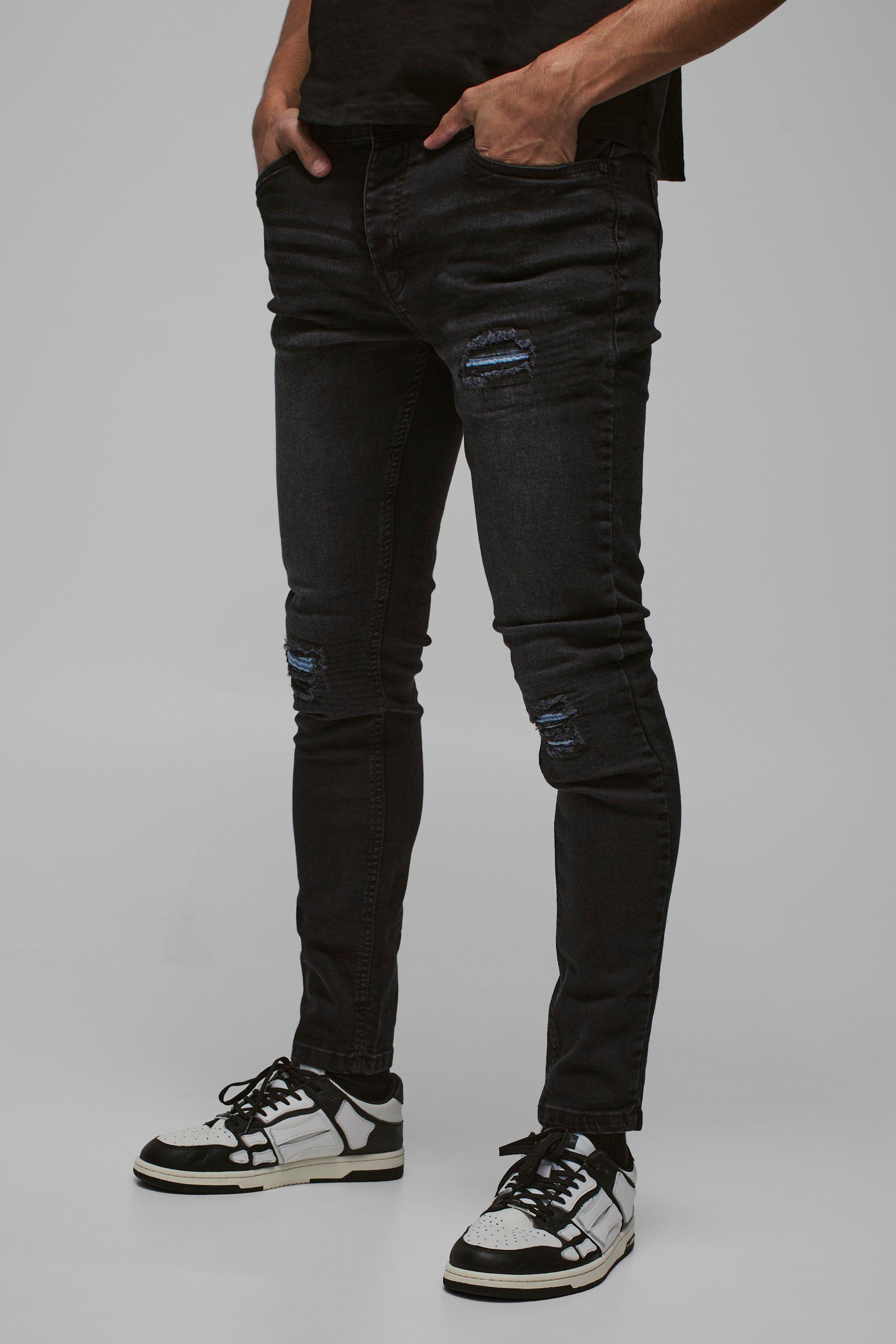 Jeans da biker Skinny Fit Stretch azzurri in PU con strappi & rattoppi, Nero