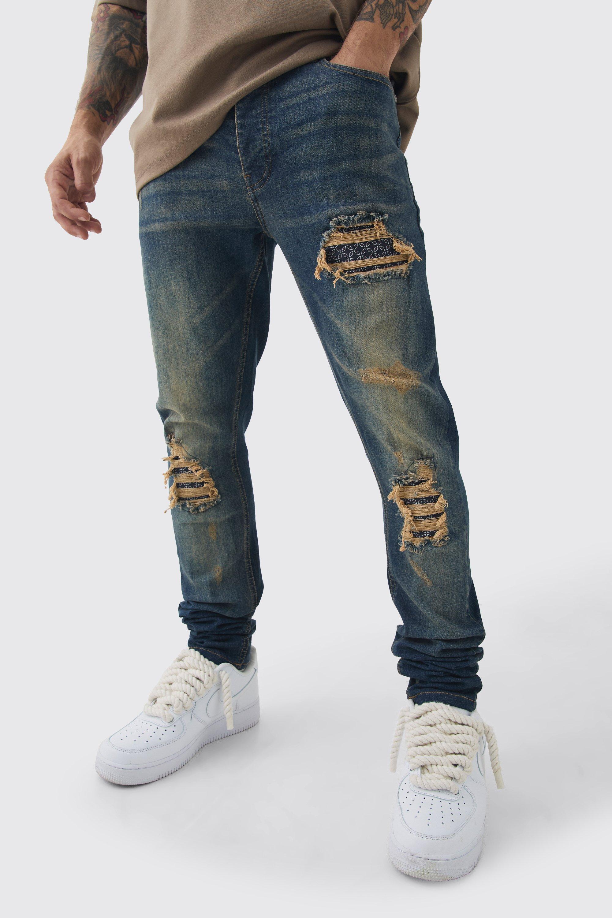 Jeans Skinny Fit Stretch in fantasia a bandana con pieghe sul fondo e strappi & rattoppi, Azzurro