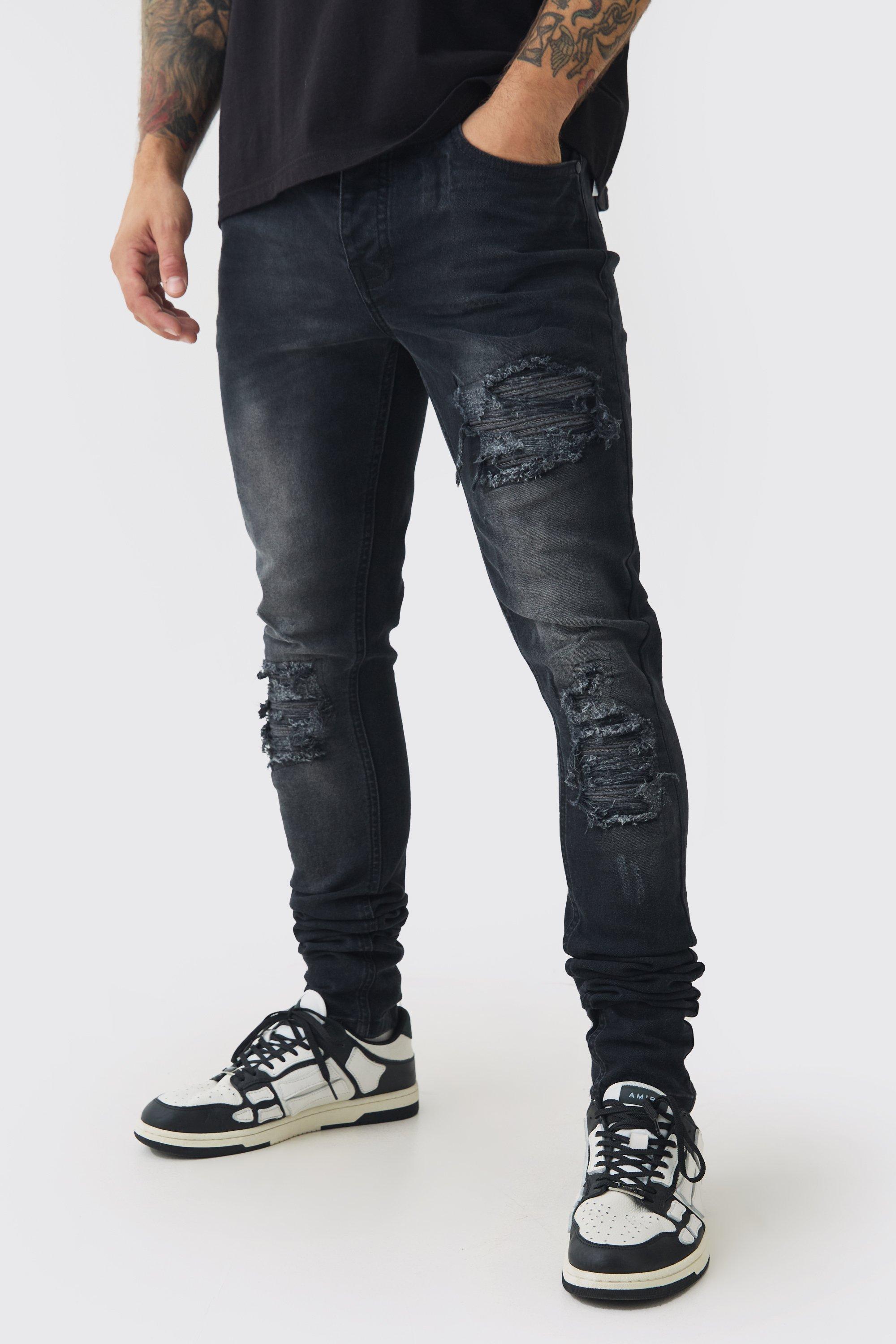 Jeans da Biker Skinny Fit Stretch con strappi & rattoppi e pieghe sul fondo, Nero