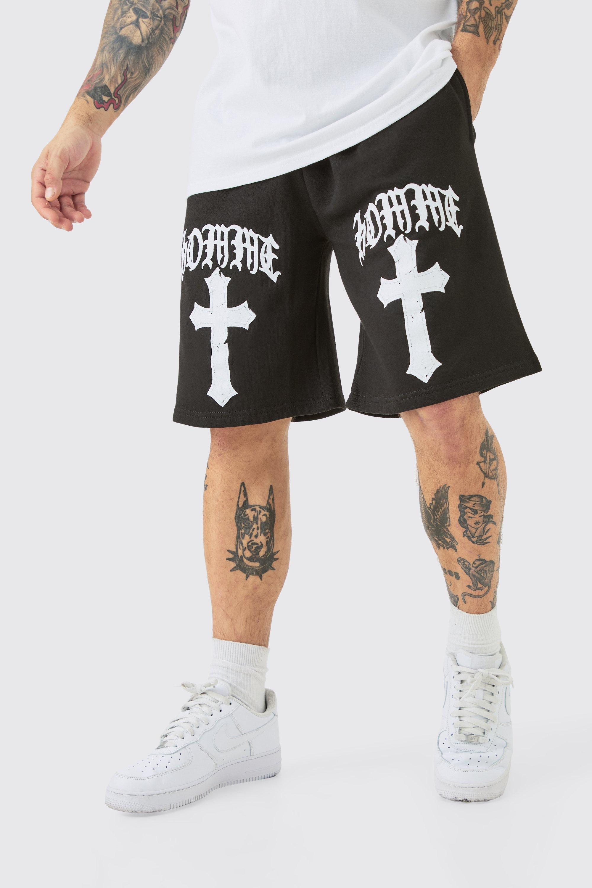 Image of Oversized Homme Gothic Cross Print Short, Nero