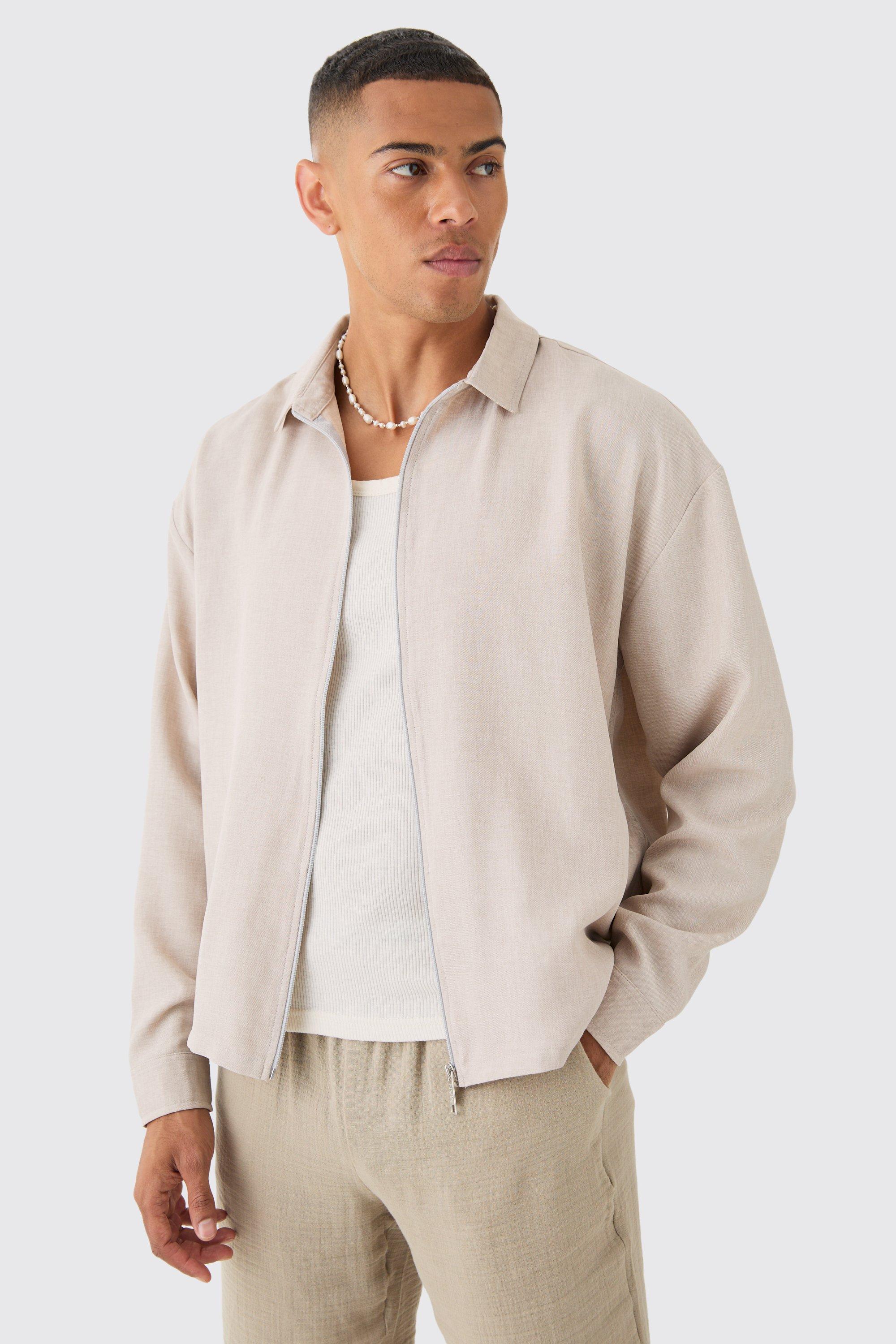 Mens Beige Linen Zip Through Overshirt, Beige