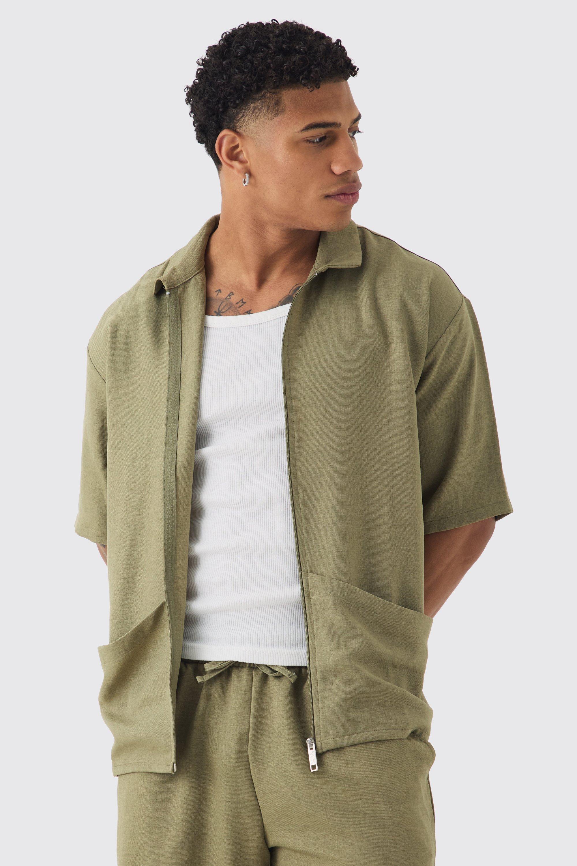 Mens Green Oversized Linen Deep Pocket Shirt, Green