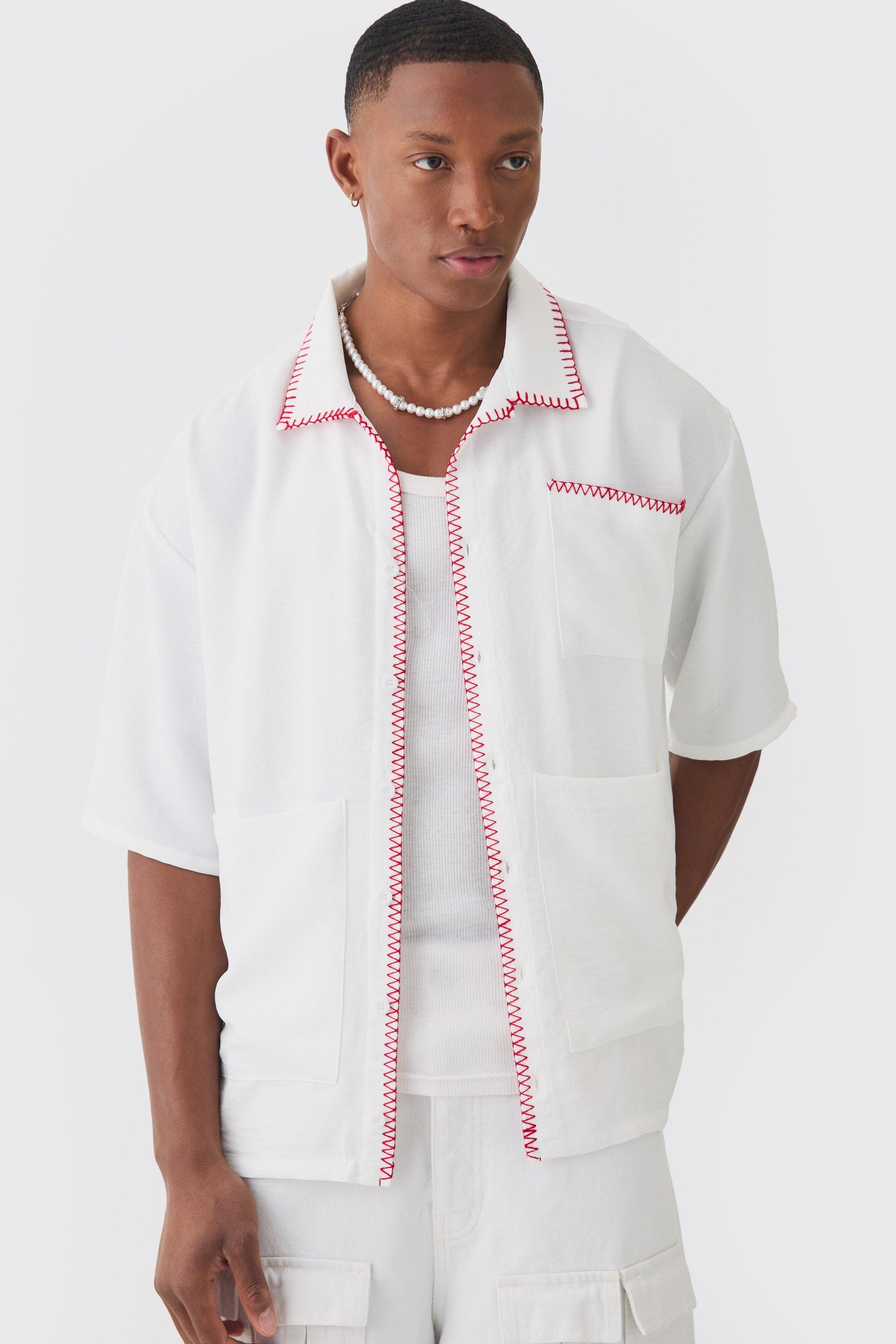 Mens White Oversized Linen Contrast Cross Stitch Shirt, White