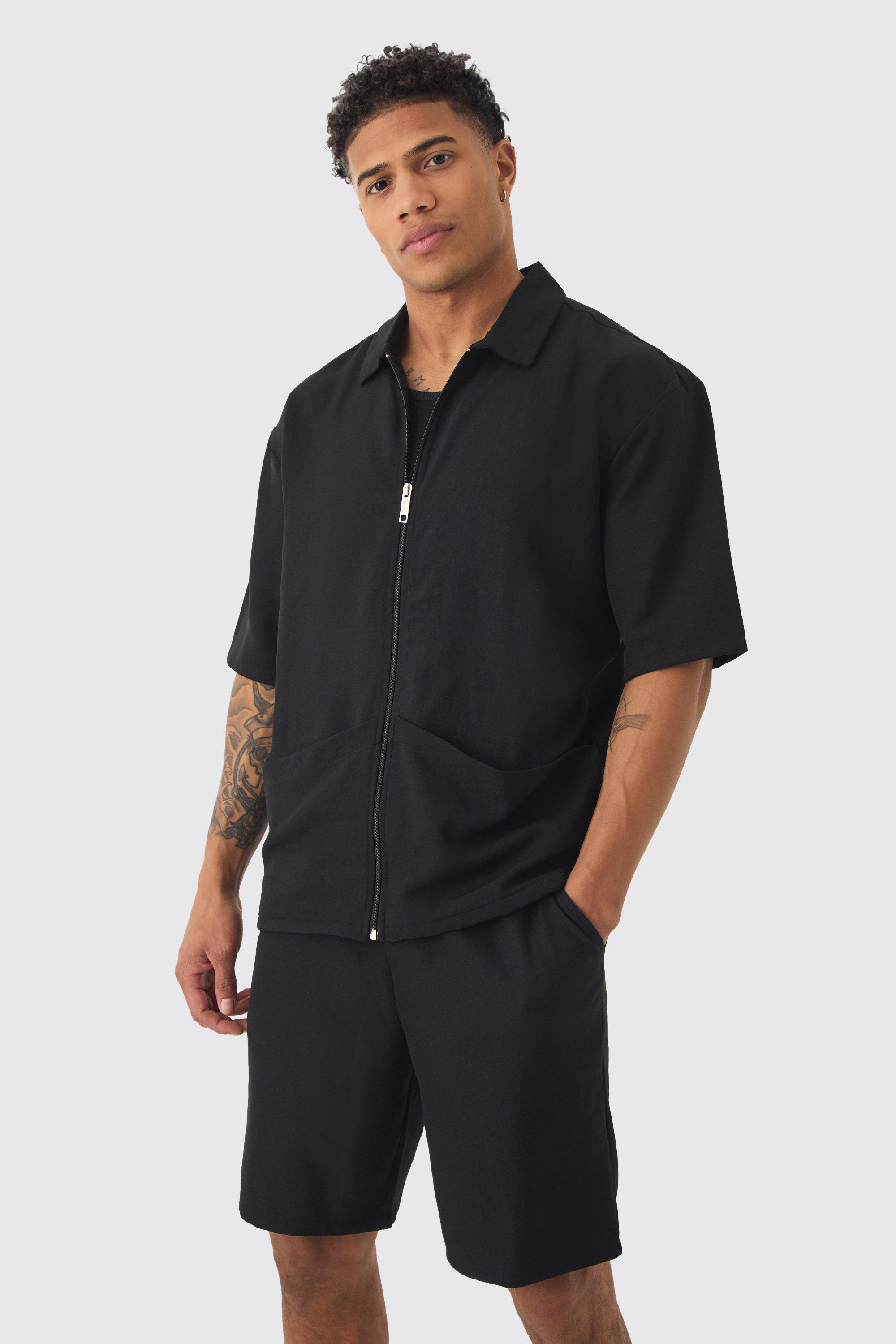 Mens Black Oversized Linen Deep Pocket Shirt & Short Set, Black