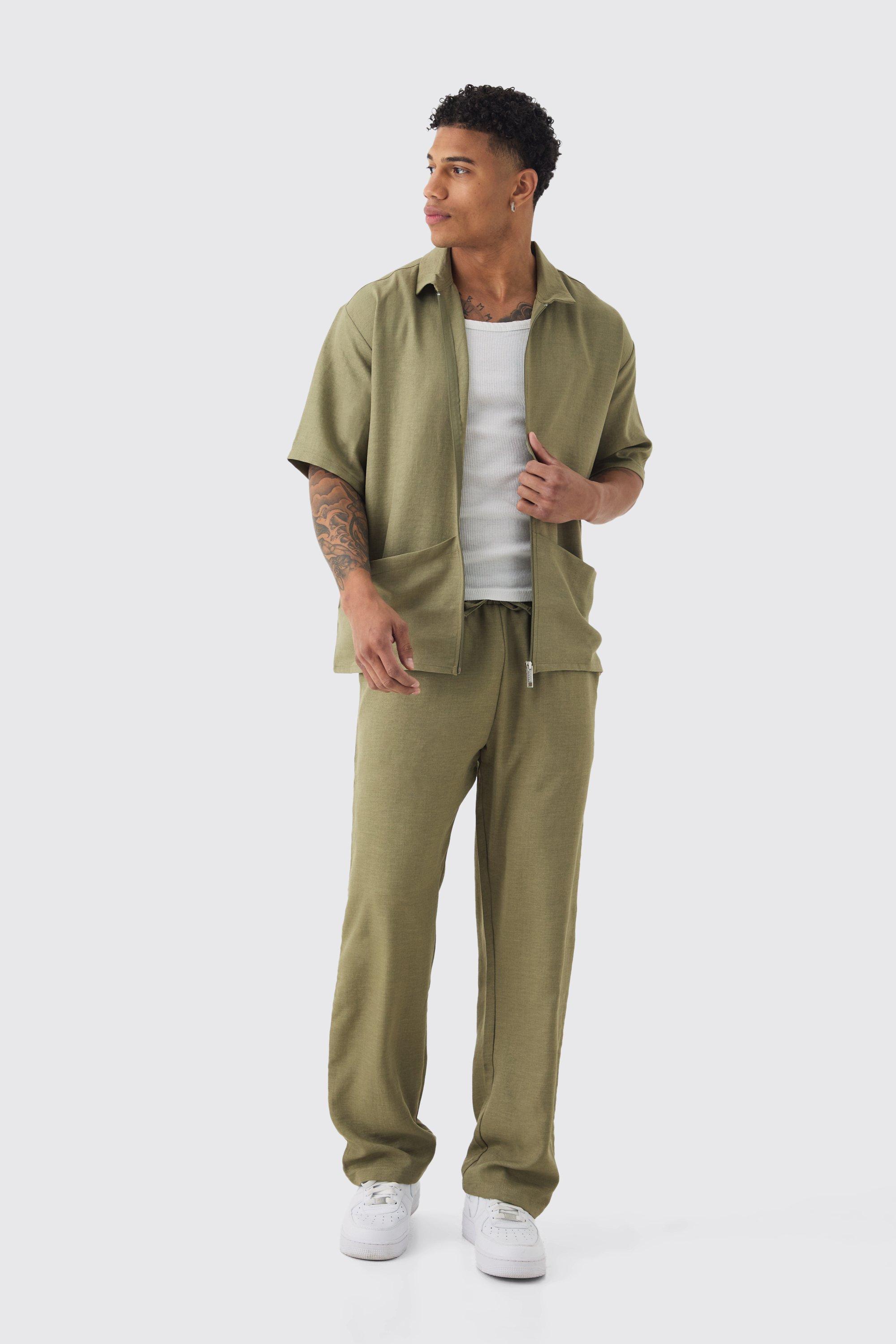 Set camicia oversize in lino con tasche ampie & pantaloni, Verde