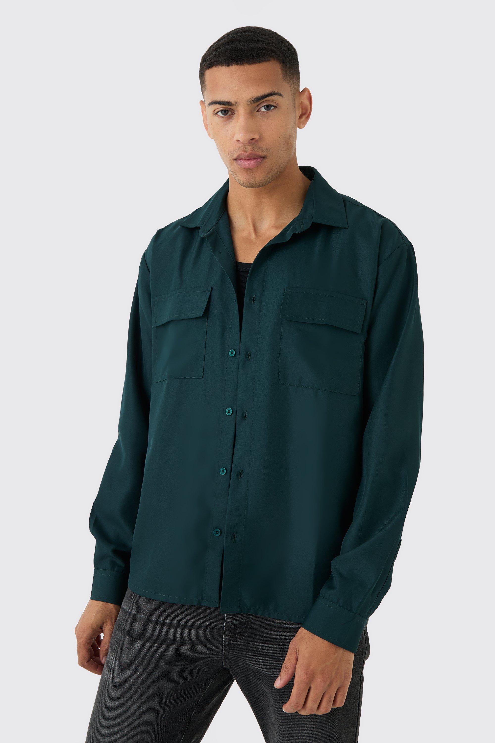 Mens Green Oversized Revere Soft Twill Cargo Pocket Long Sleeve Shirt, Green