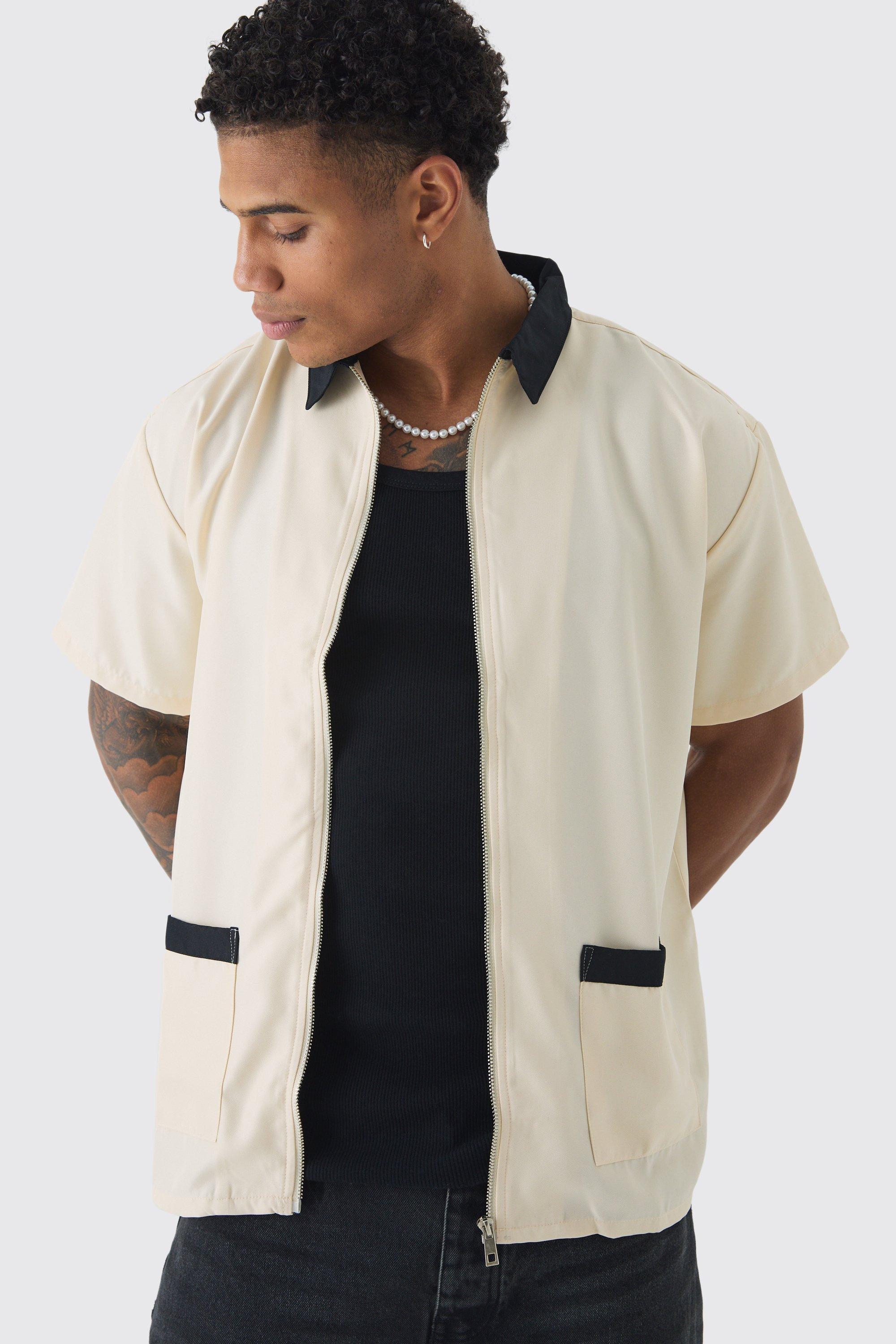 Camicia da bowling oversize in twill morbido con tasche a contrasto, Cream